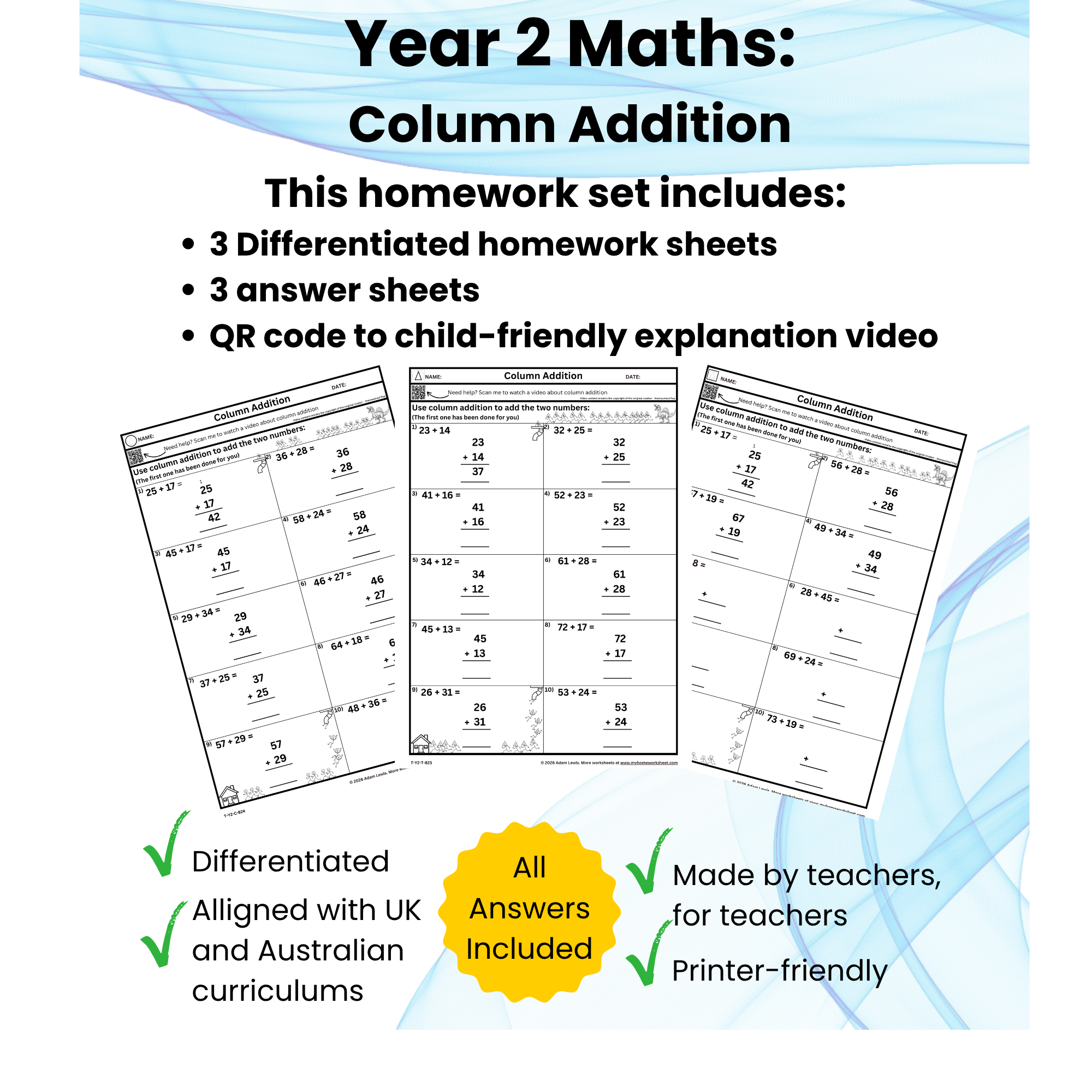 Year 2 Column Addition Worksheets (823-825)