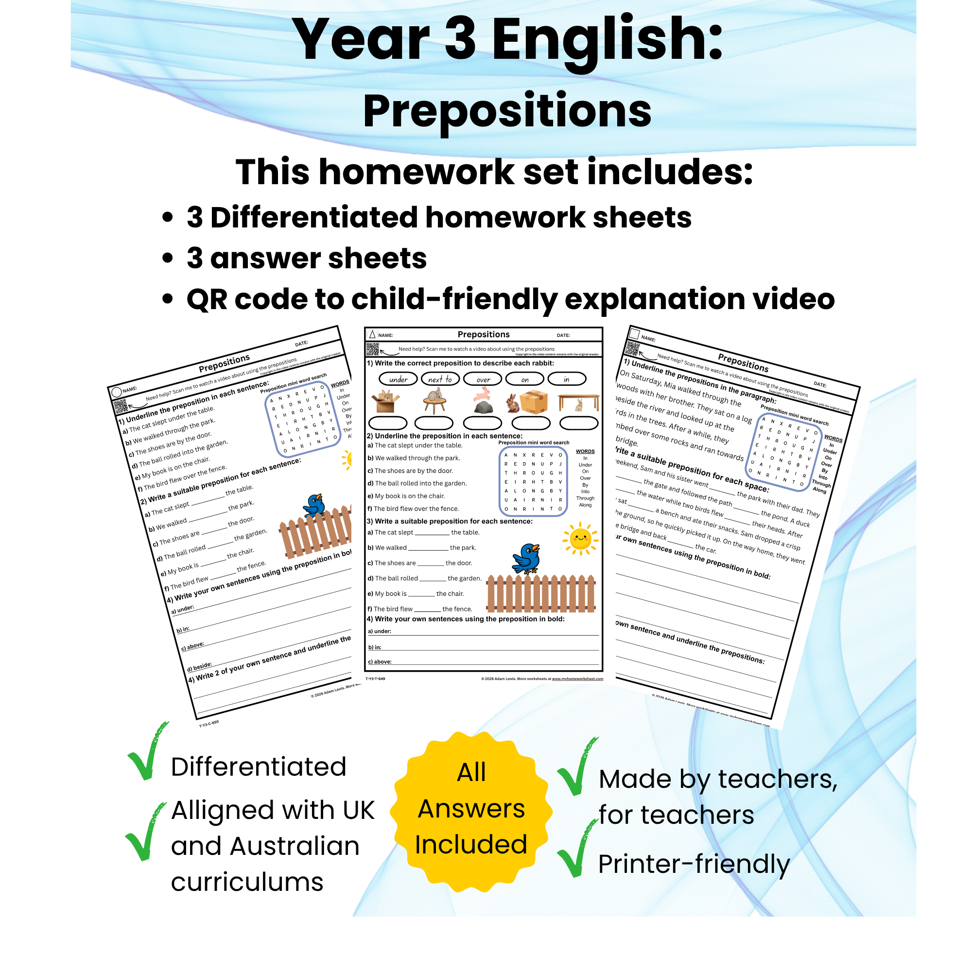 Year 3 Prepositions Worksheets (649-651)