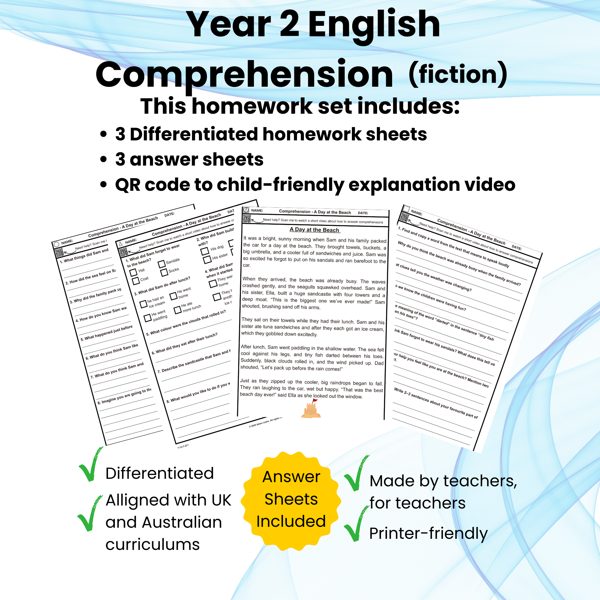 Year 2 Fiction Comprehension Worksheet Set (6 pages = 3 worksheets + 3 answer sheets) 271-273