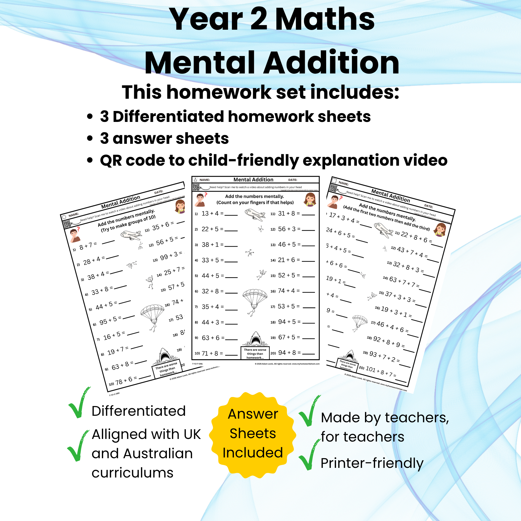 Year 2 Mental Addition Worksheet Set (091-093)