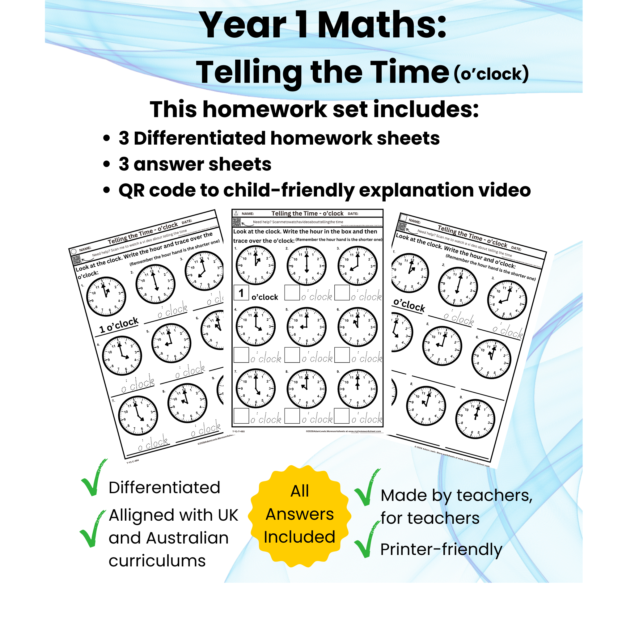 Year 1 Telling the Time – o’clock (Differentiated Worksheets) 493-495