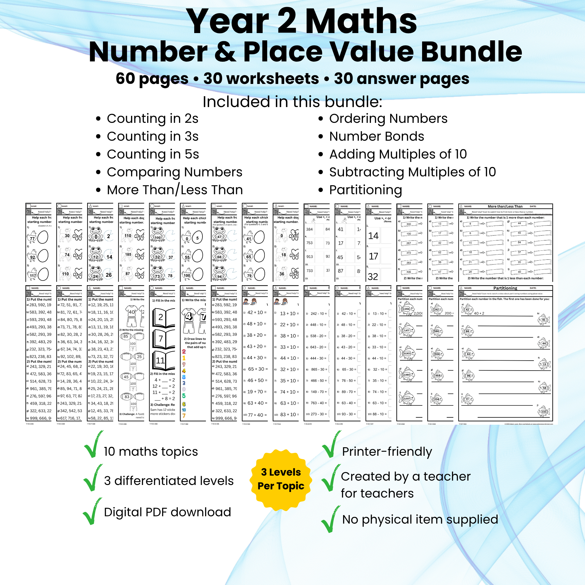Year 2 Maths Number and Place Value Homework Bundle – 3 Differentiated Levels