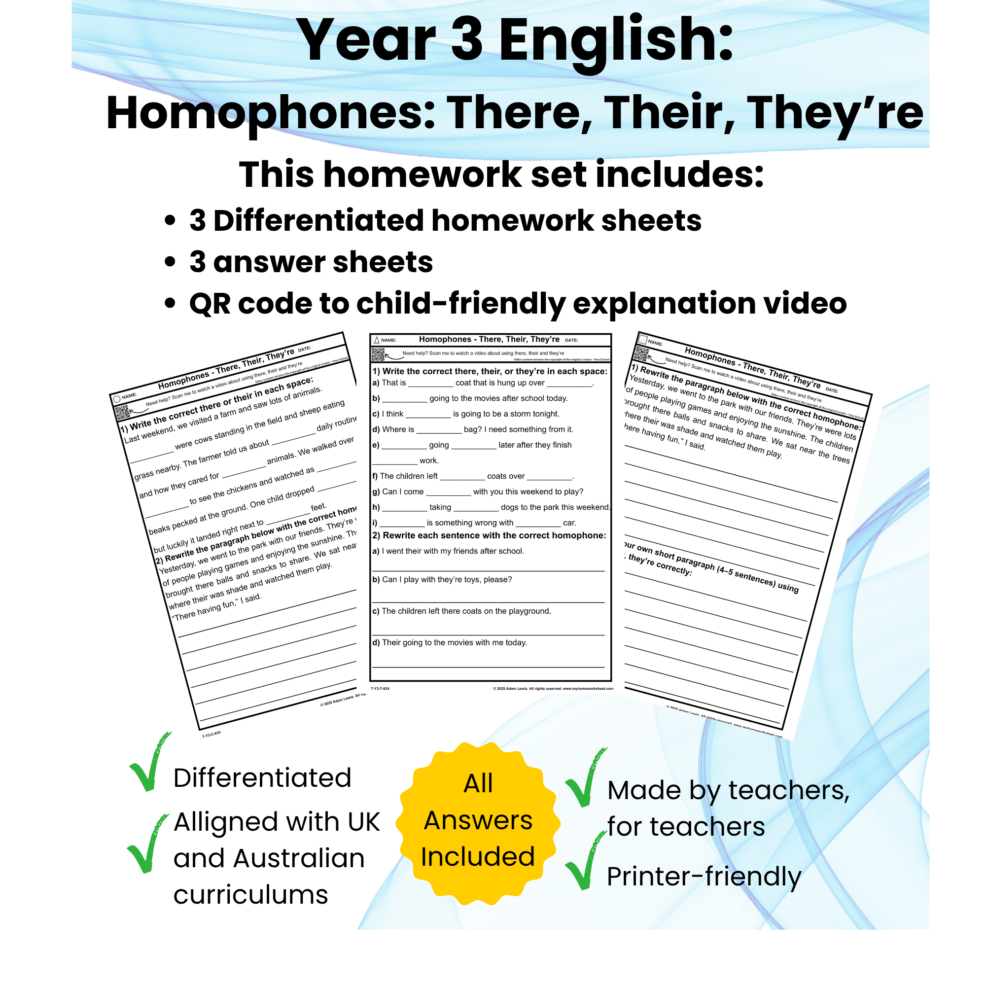 Year 3 There Their They’re Worksheets (634-636)