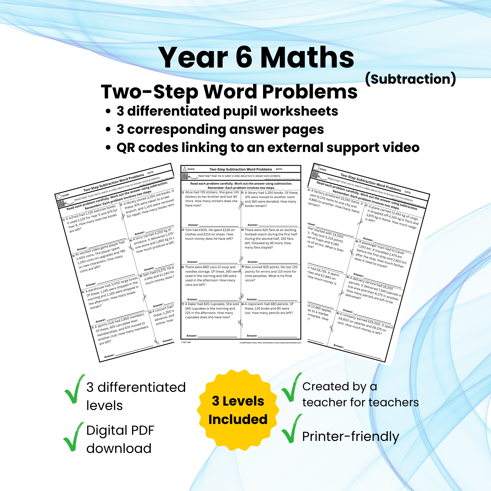 Year 6 Two-Step Subtraction Word Problems Worksheets (187-189)