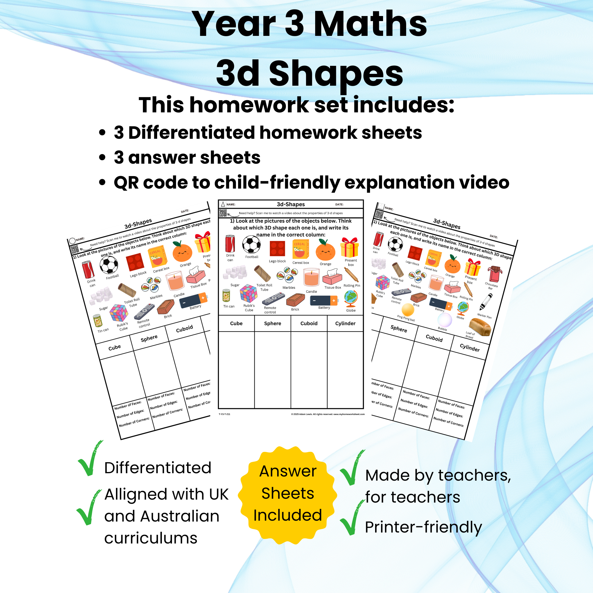 3D Shapes Worksheet Set (6 pages = 3 worksheets + 3 answer sheets) Homework Sheets 211-213
