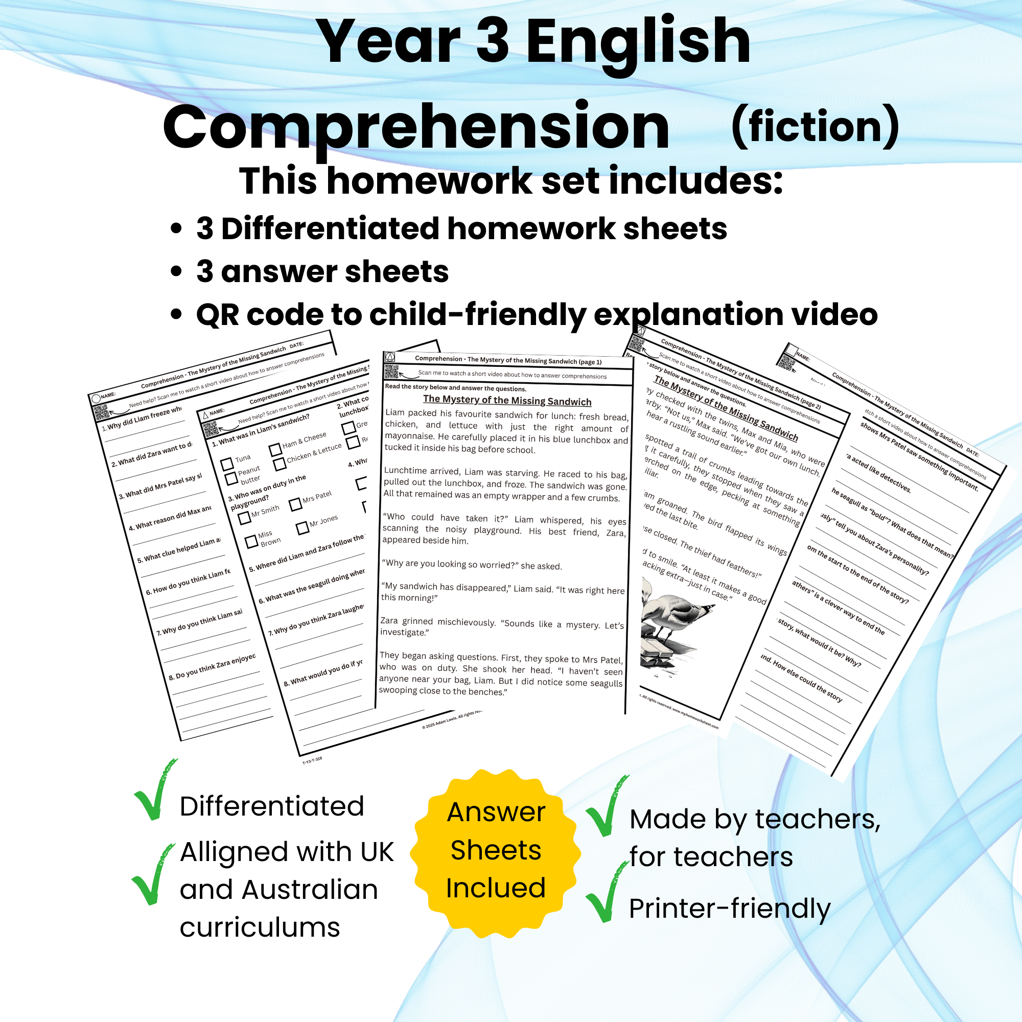 Year 3 Fiction Comprehension – The Mystery of the Missing Sandwich (Differentiated with Answers) Homework Set 319-321