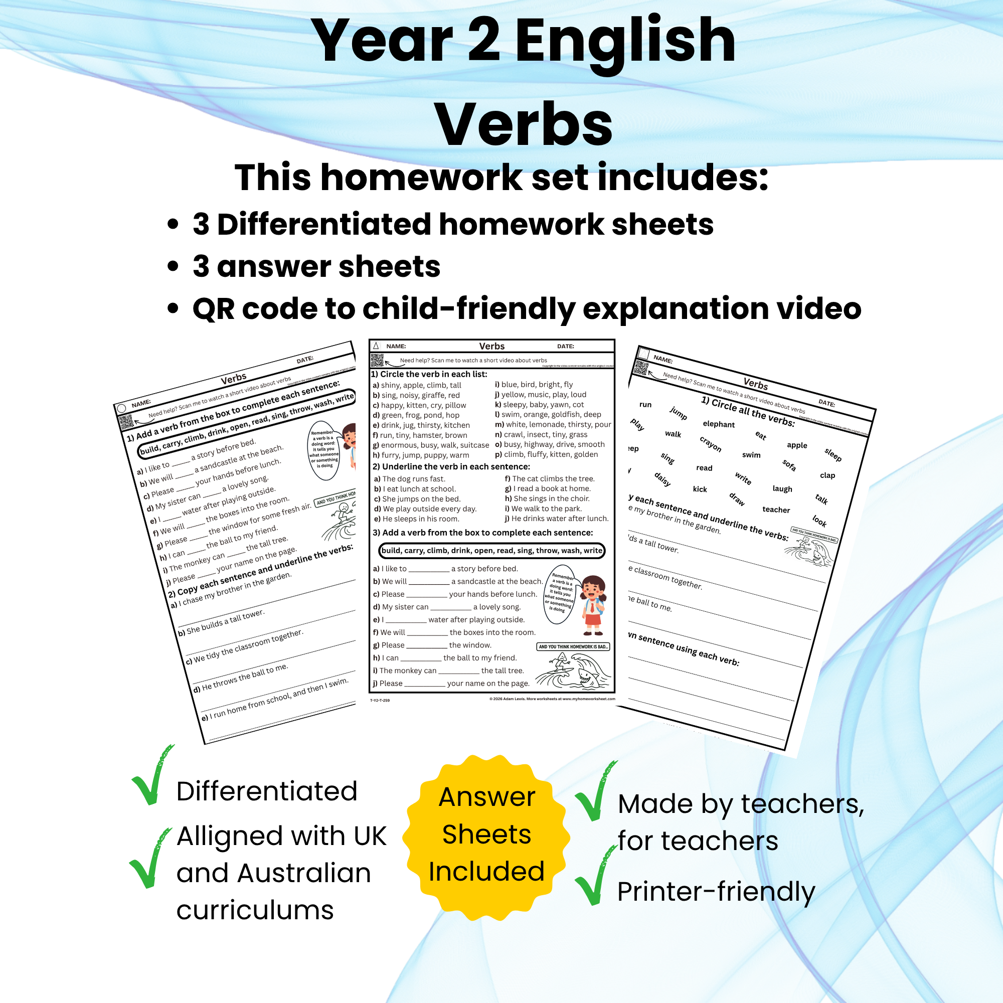 Year 2 Verbs Worksheet Set (259-261
