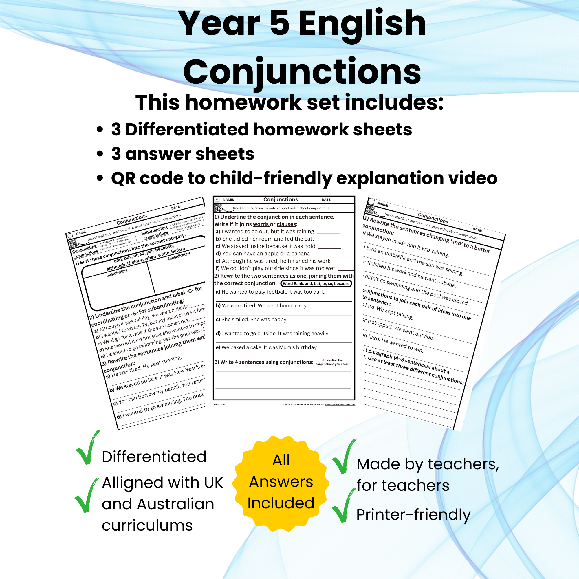 Year 5 Conjunctions – Joining Clauses and Ideas (3 Levels) 394-396