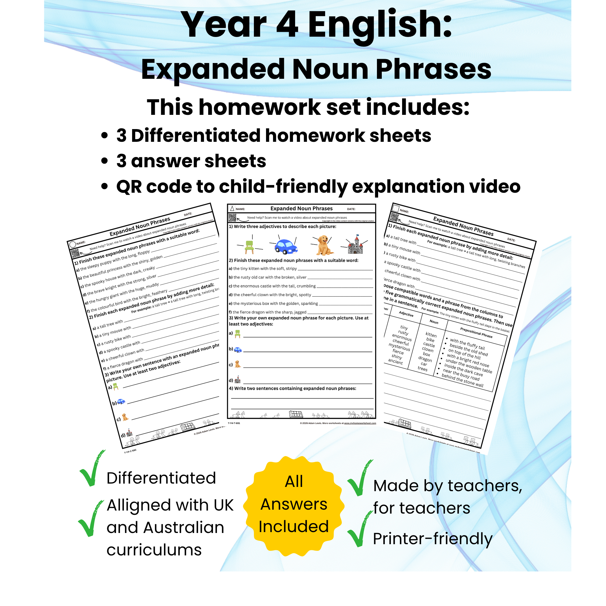 Year 4 Expanded Noun Phrases Worksheets (691-693)