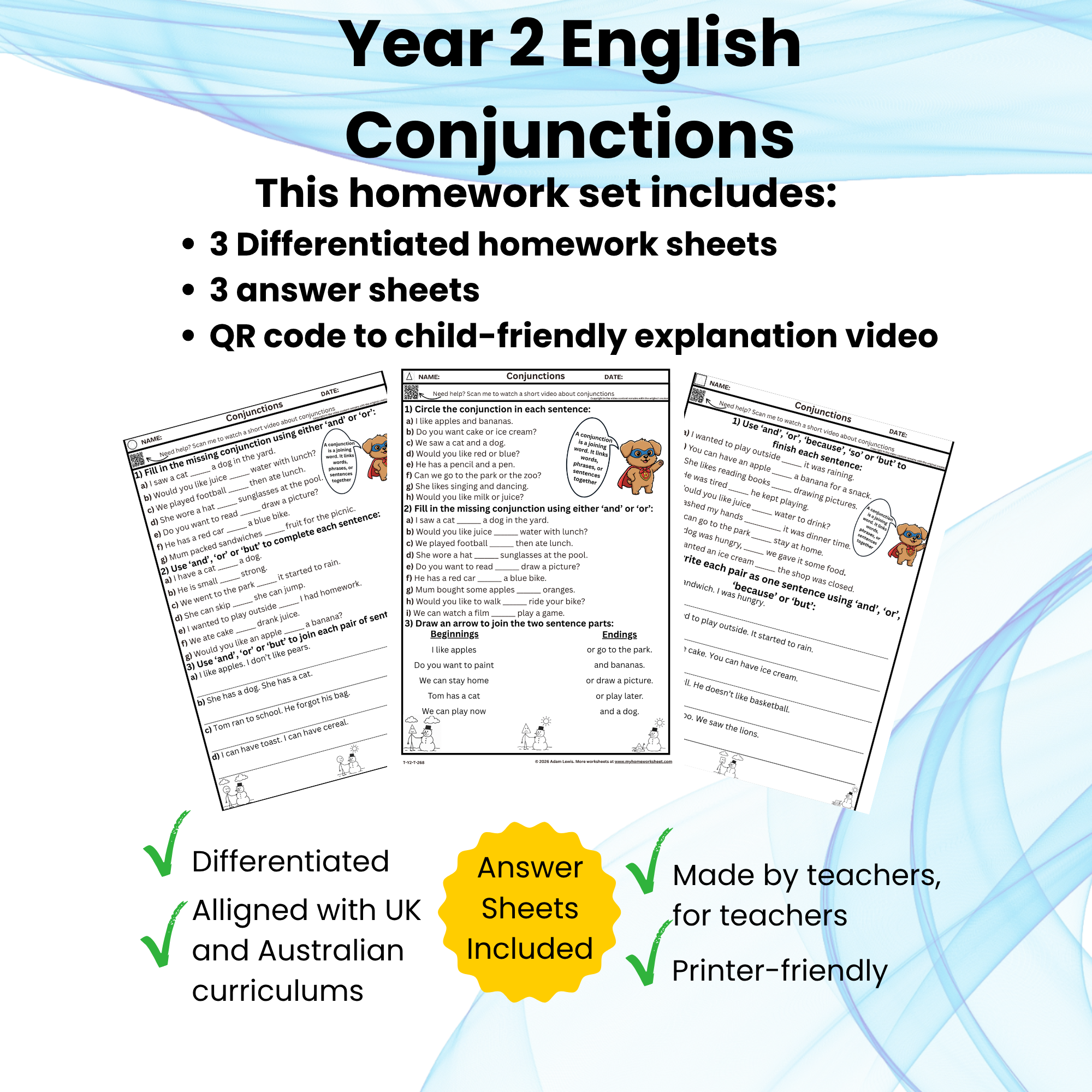 Year 2 Conjunctions Worksheet Set (268-270)