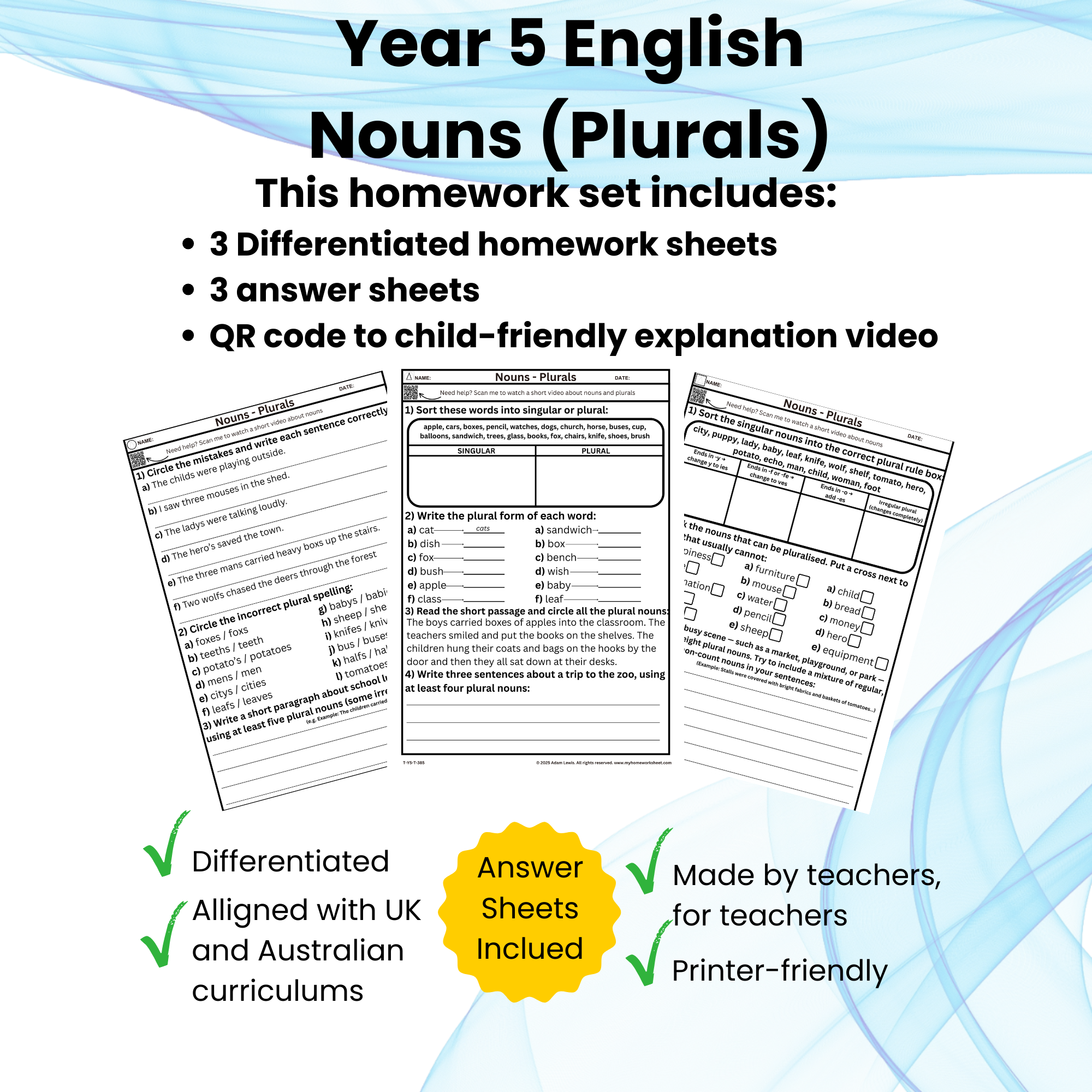 Year 5 English – Nouns and Plurals (Differentiated Worksheets) 385-387