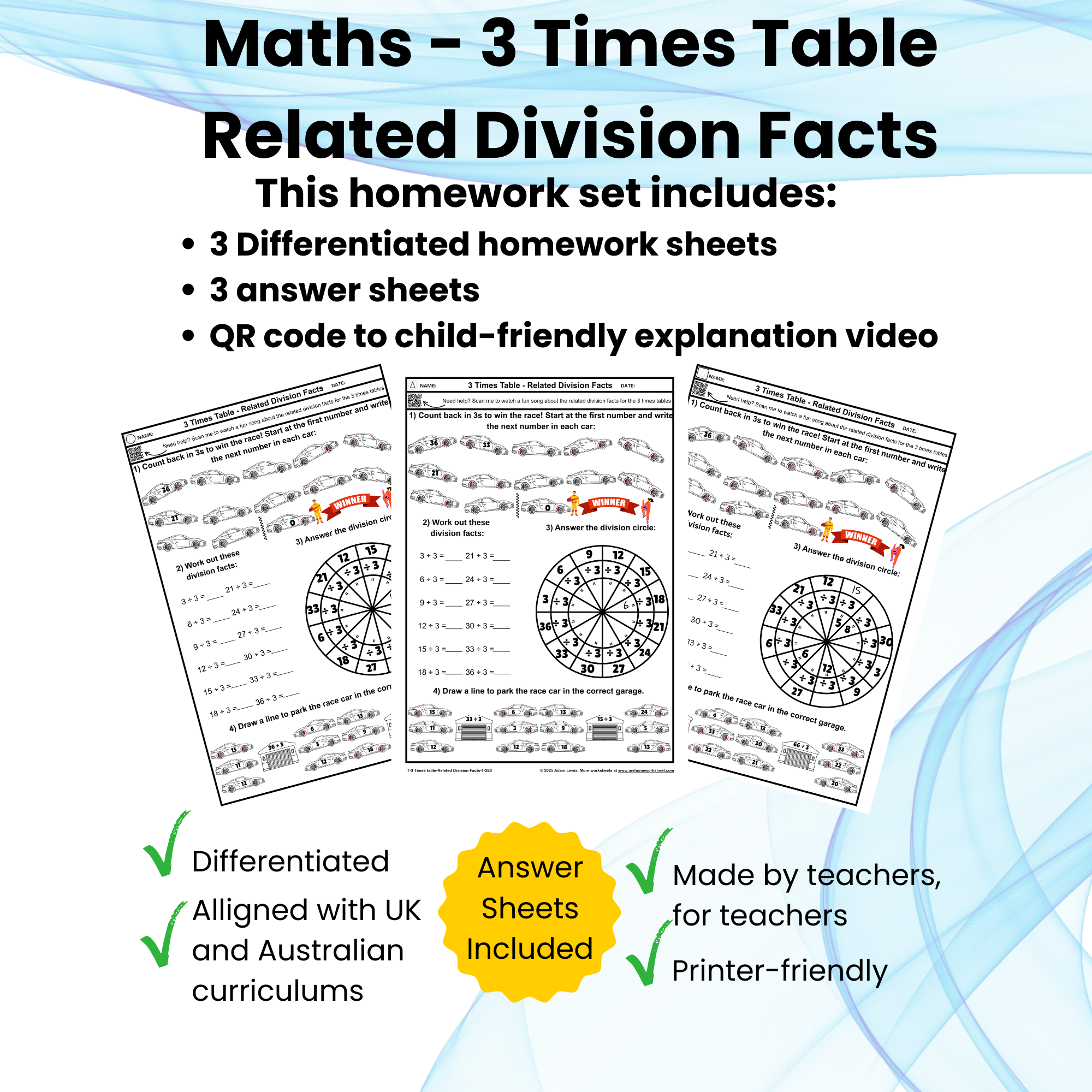 3 Times Table – Related Division Facts Set (6 pages = 3 worksheets + 3 answer sheets) 280-282