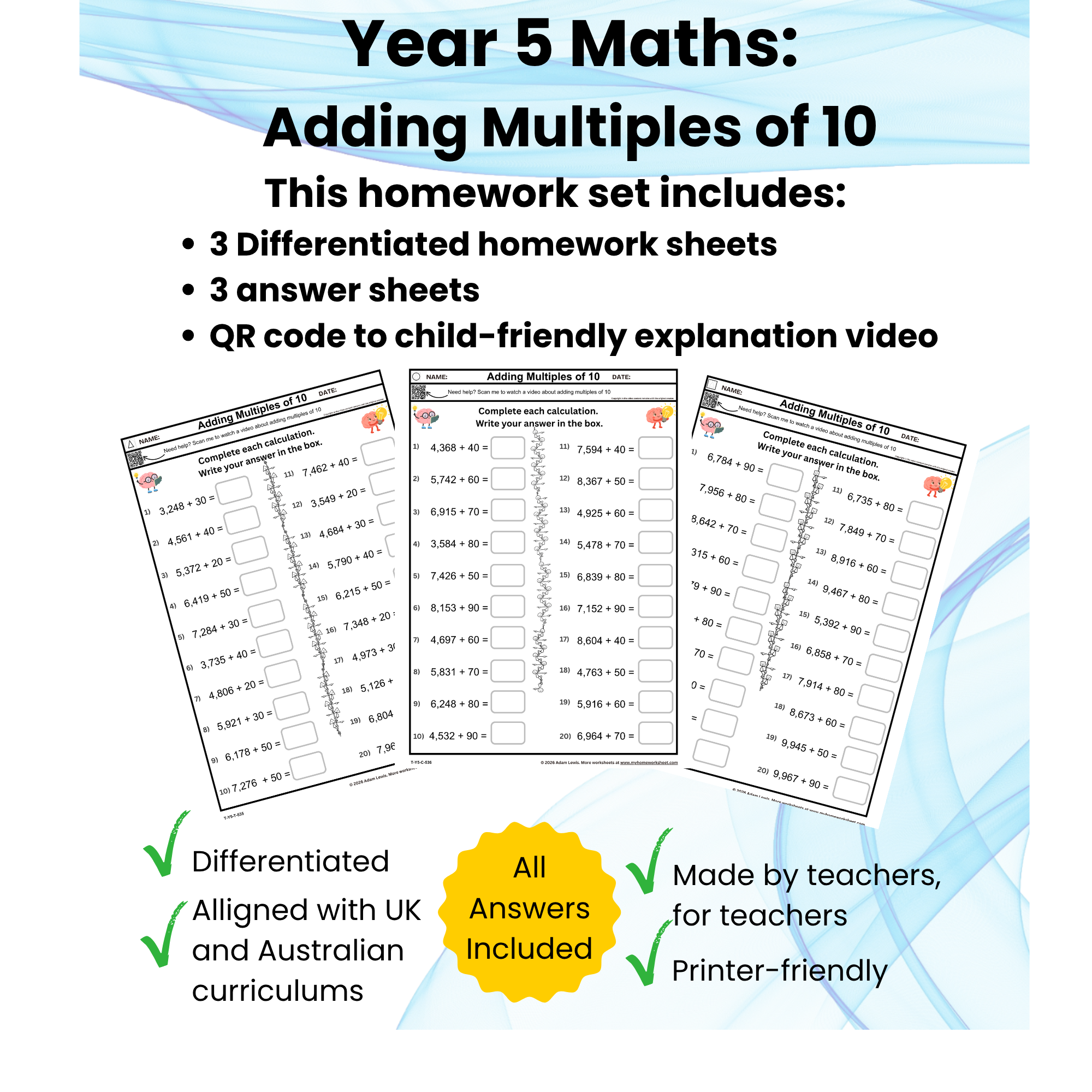 Year 5 Adding Multiples of 10 Worksheets (535-537)