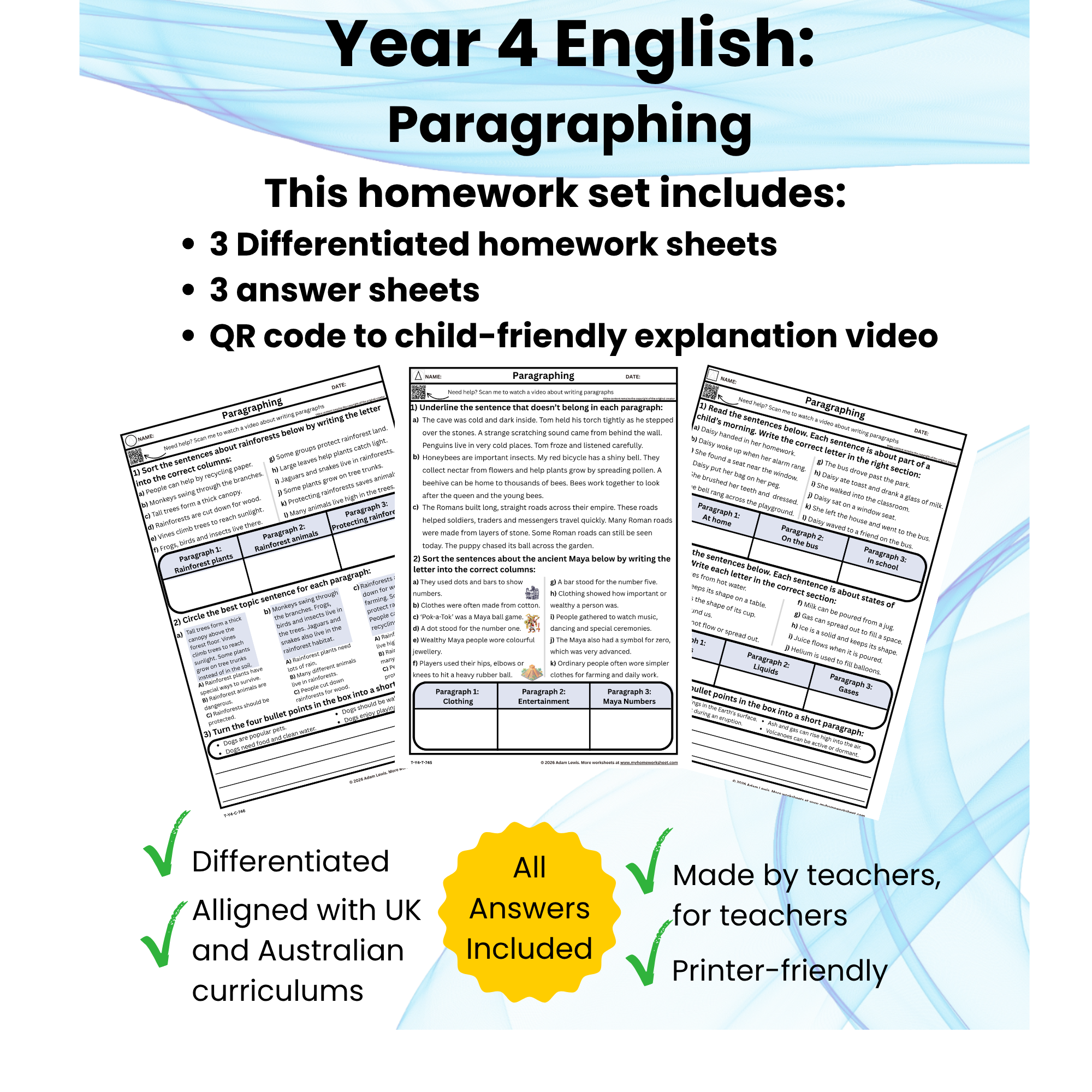 Year 4 Paragraphing Worksheets (745-747)