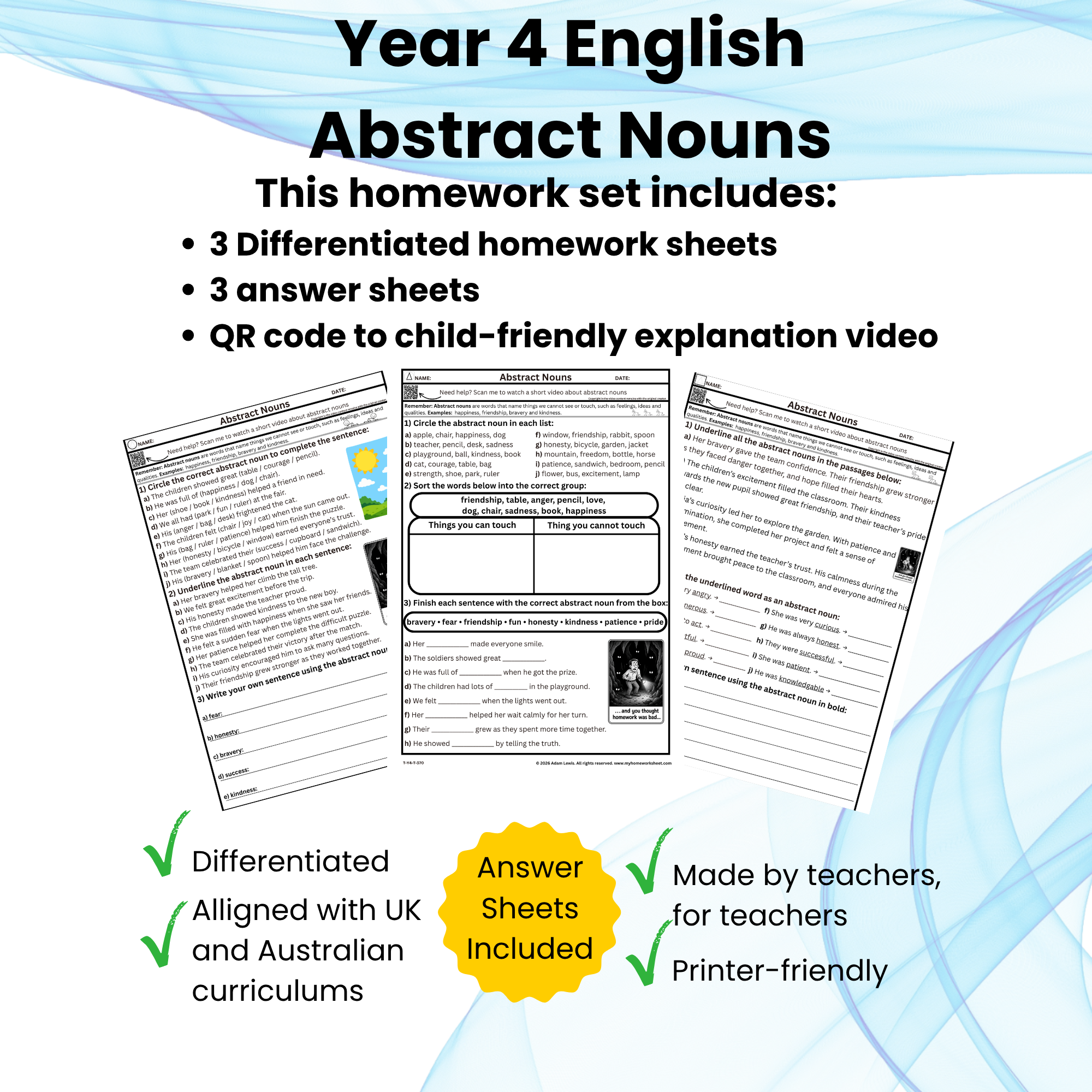 Year 4 Abstract Nouns Homework (370–372)