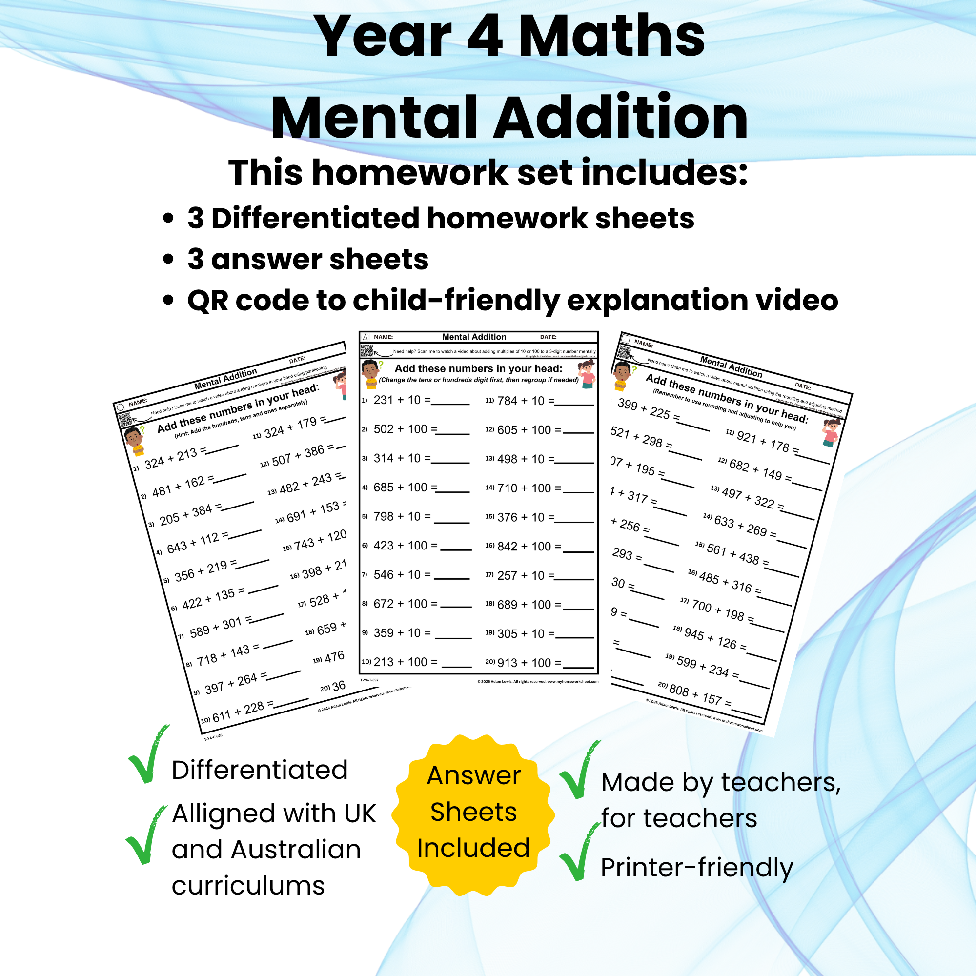 Year 4 Mental Addition Worksheets (097-099)