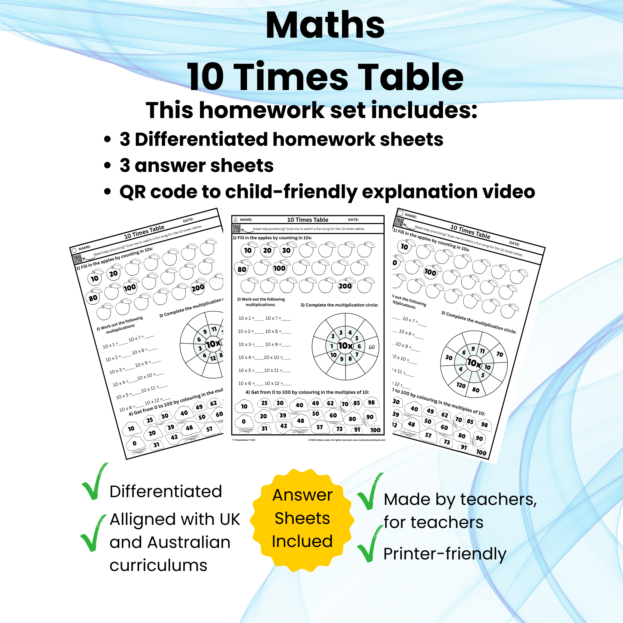 10 Times Table Worksheet Set (6 pages) 220-222