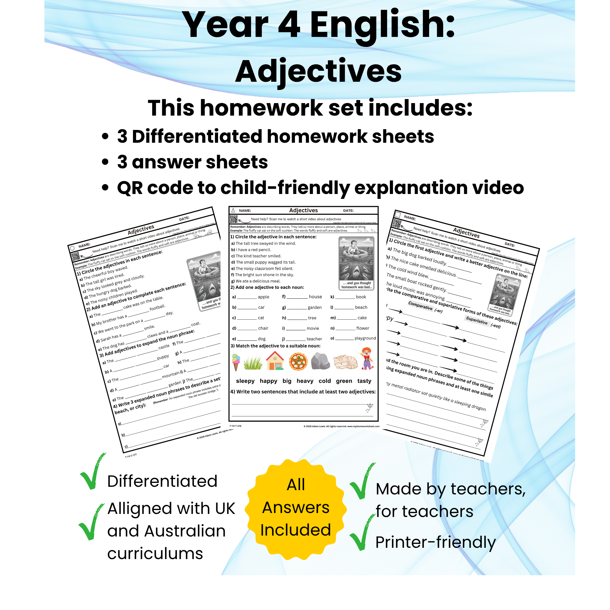 Year 4 Adjectives Worksheet Set (376-378)