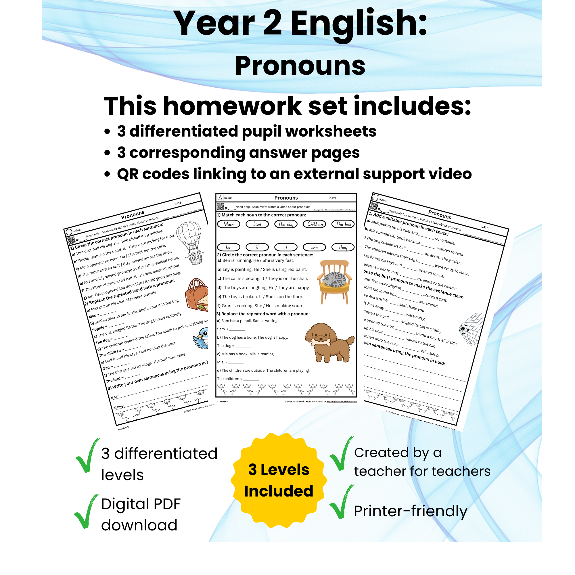 Year 2 Pronouns Worksheets (664-666)