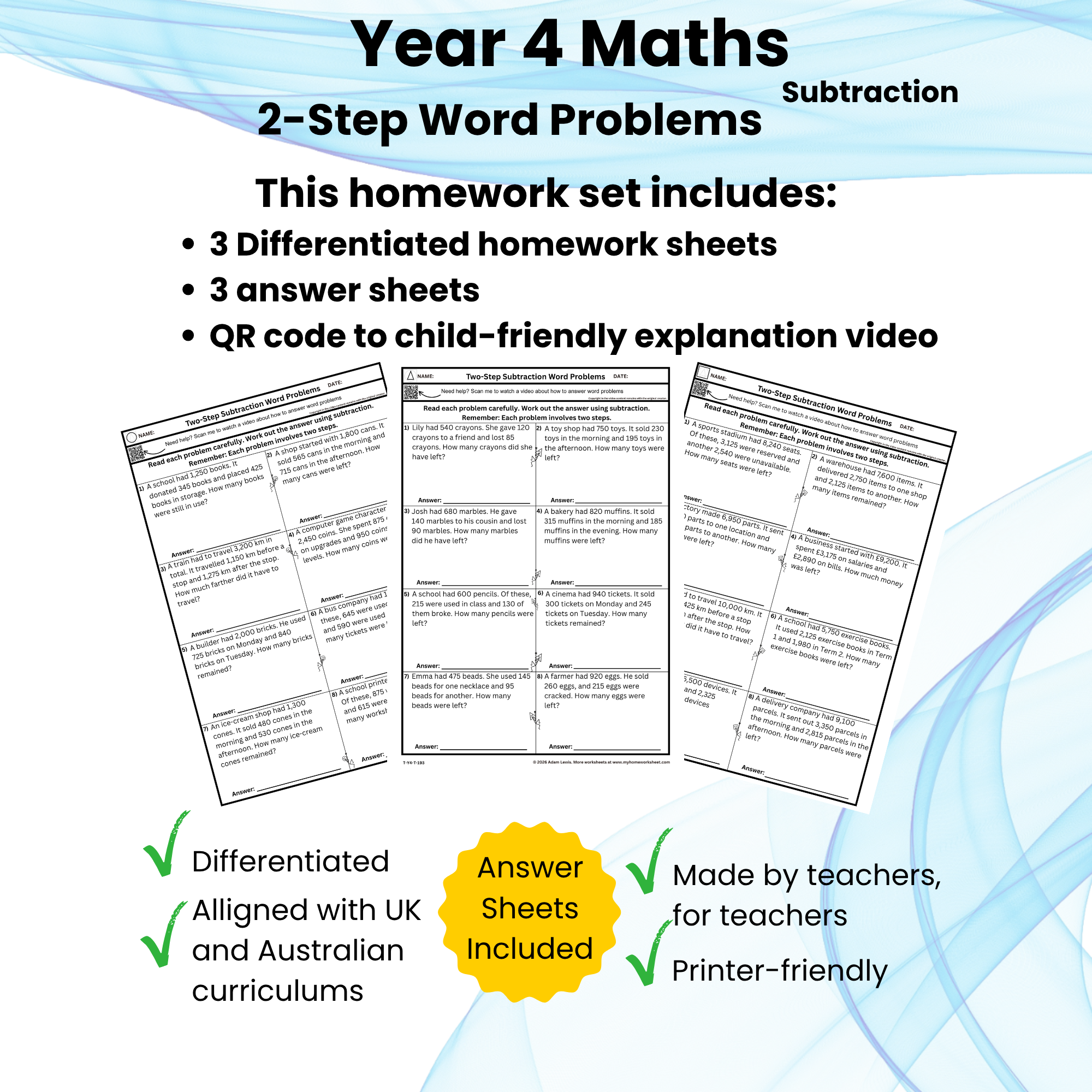 Year 4 Two-Step Subtraction Word Problems Worksheets (193-195)