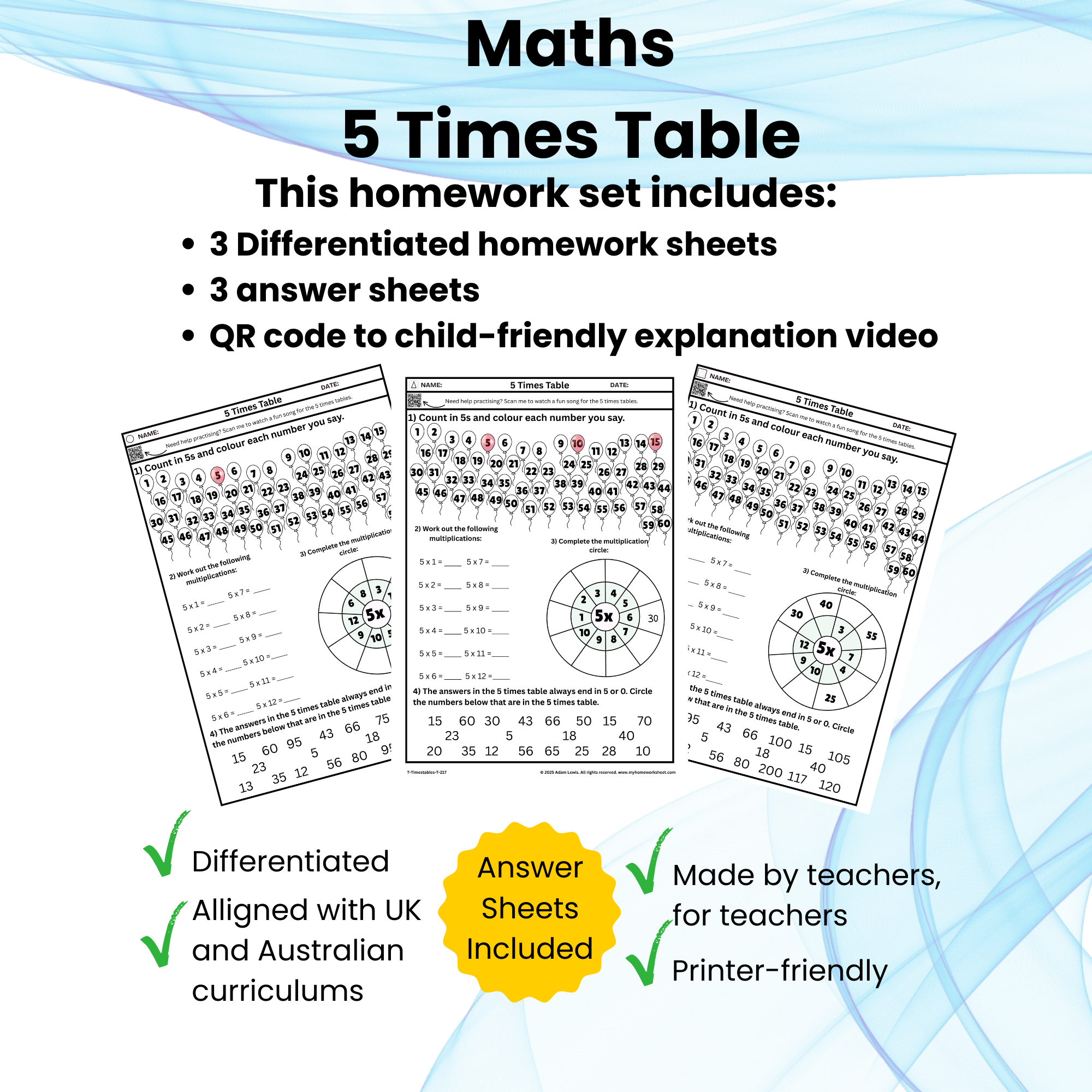 5 Times Table Worksheet Set (6 pages) 217-219