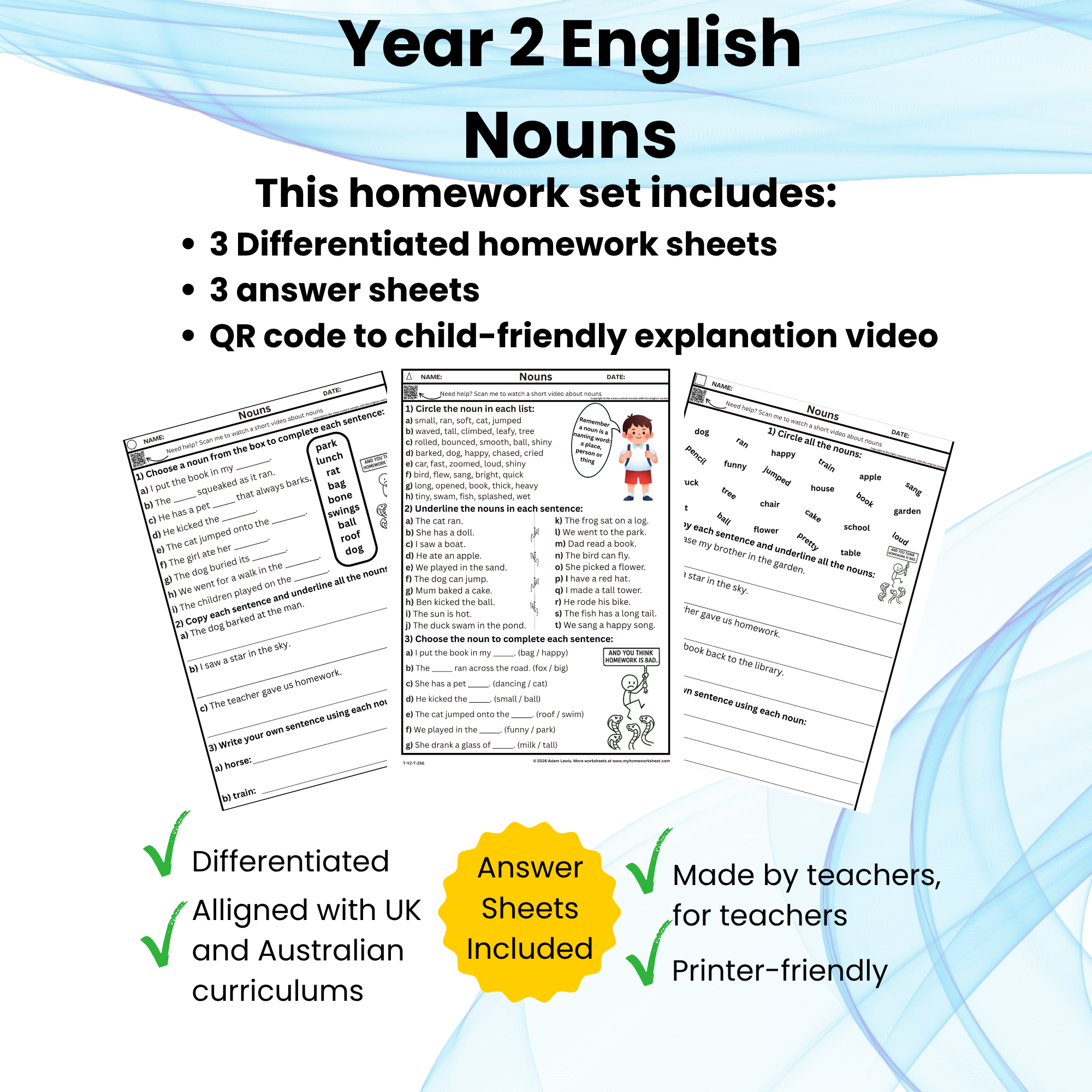 Year 2 Nouns Worksheet Set (256-258)