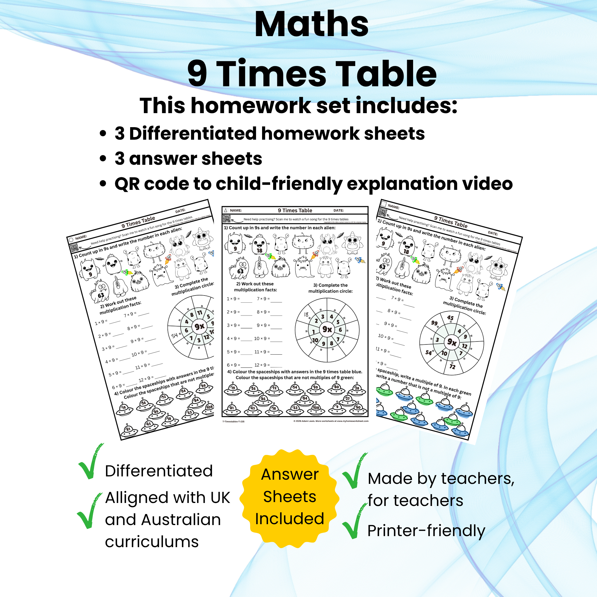 9 Times table Worksheets (235-237)