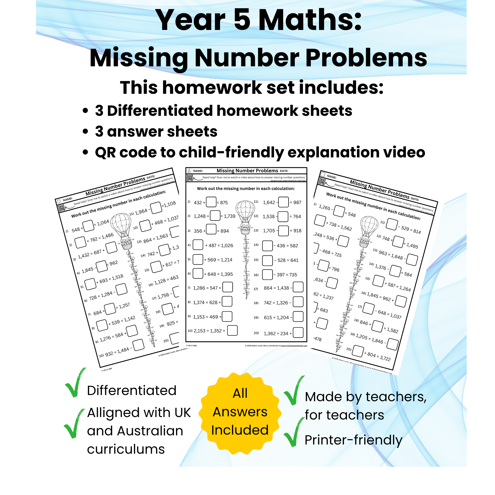 Year 5 Missing Number Problems Worksheets (553-555)