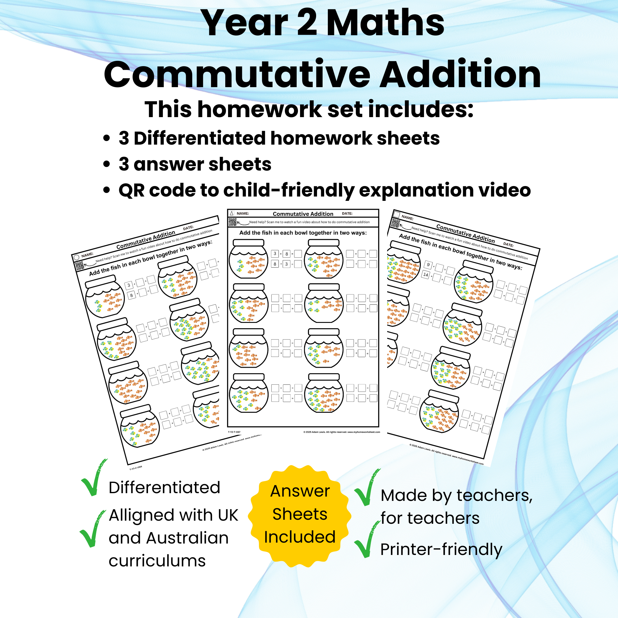 Commutative Addition Worksheet Set (3 pages + 3 answer sheets) Homework Sheets 067-069