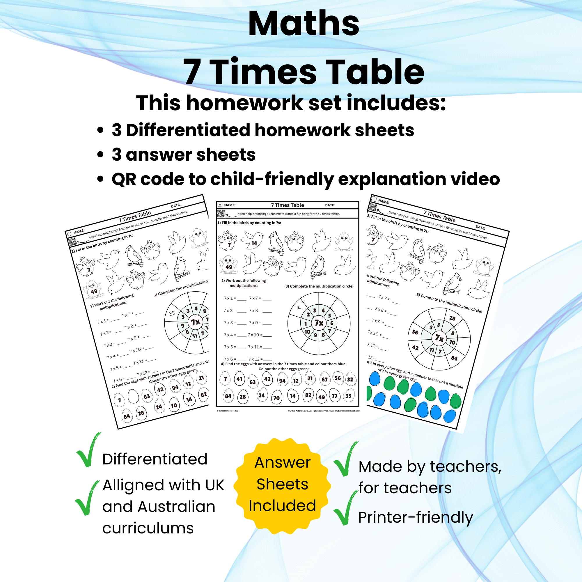 7 Times Table Worksheet Set (6 pages) 238-240
