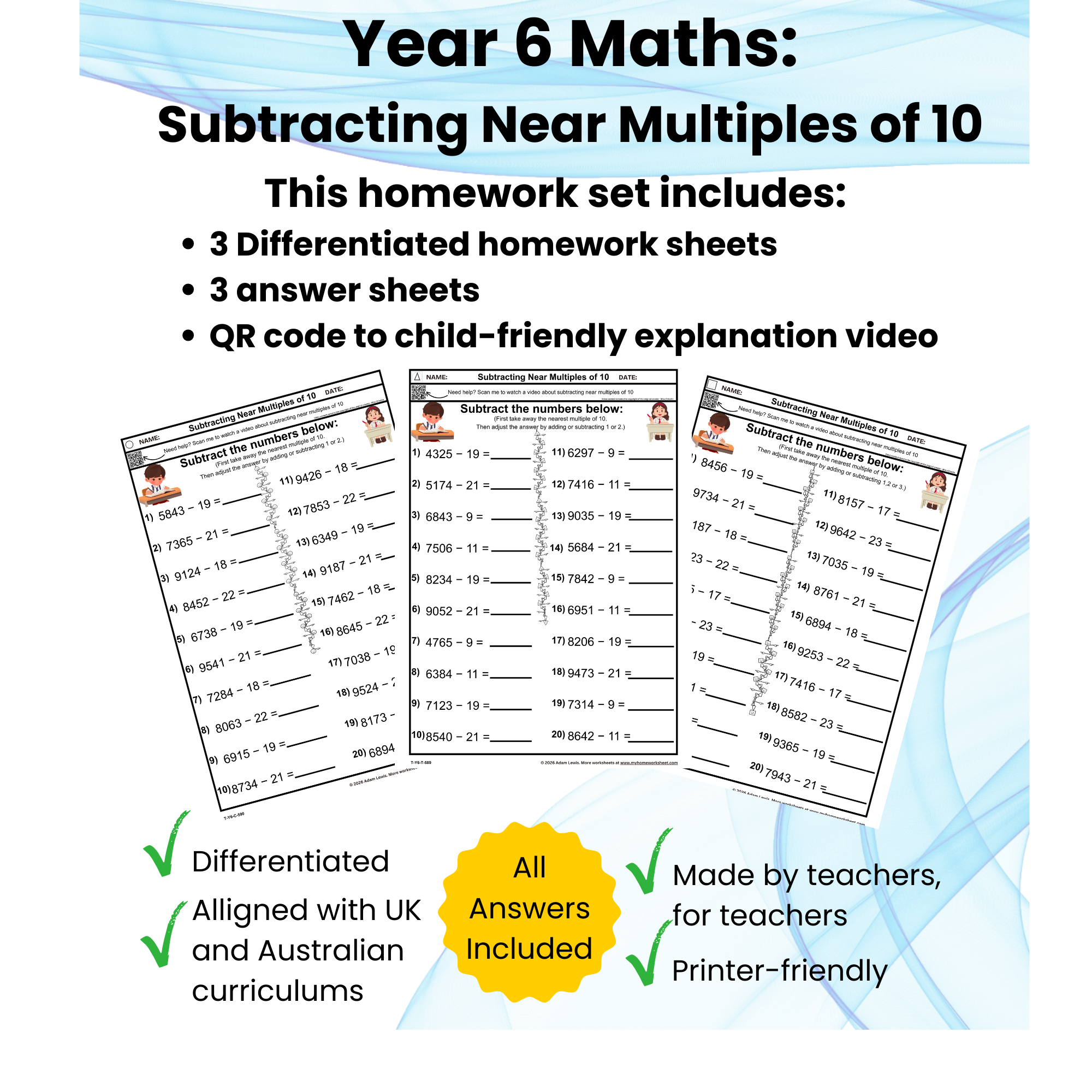 Year 6 Subtracting Near Multiples of 10 Worksheets (589=591)