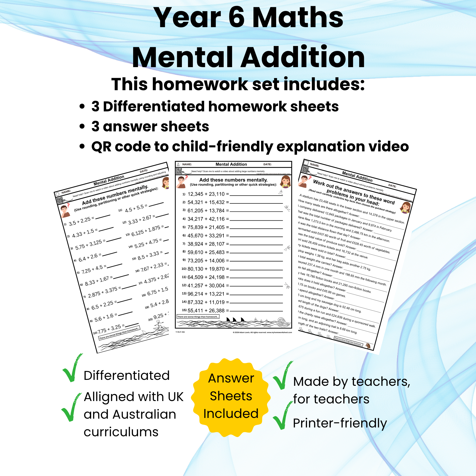 Year 6 Mental Addition Worksheet Set (103–105)