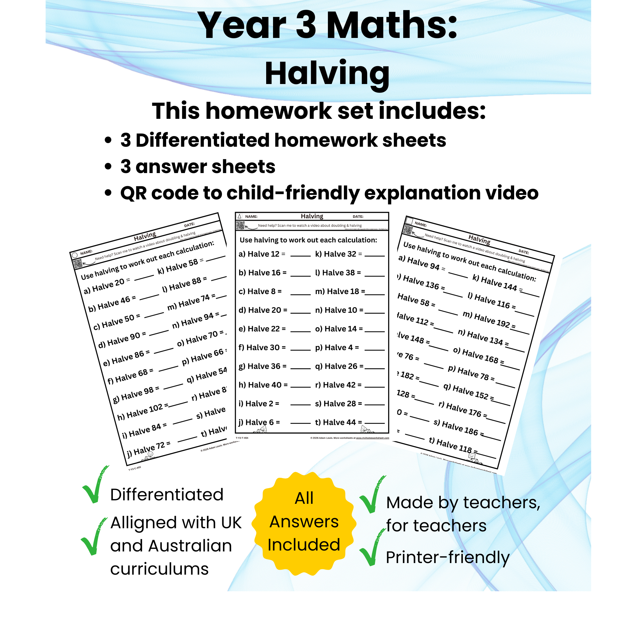 Year 3 Halving Numbers – Differentiated Maths Worksheets 454-456