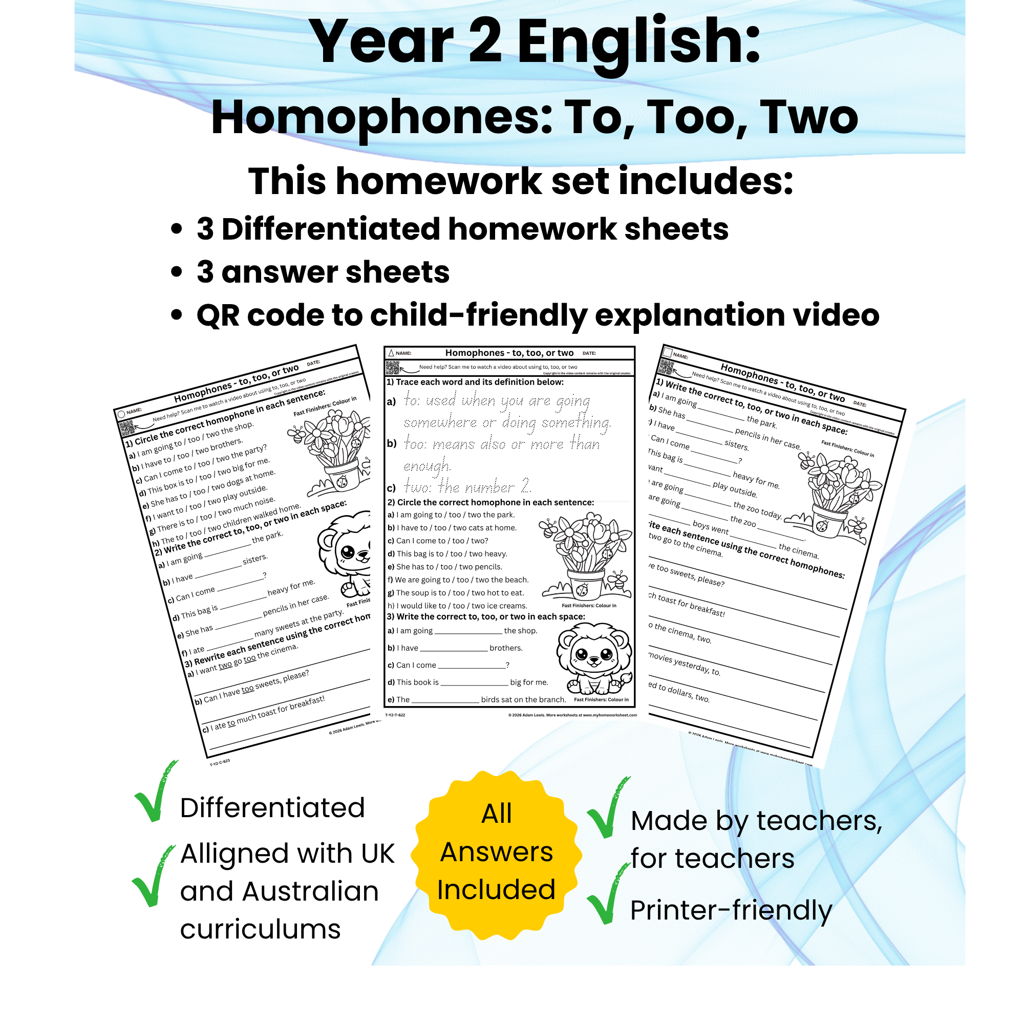 Year 2 Homophones Worksheets – To, Too, Two (622-624)