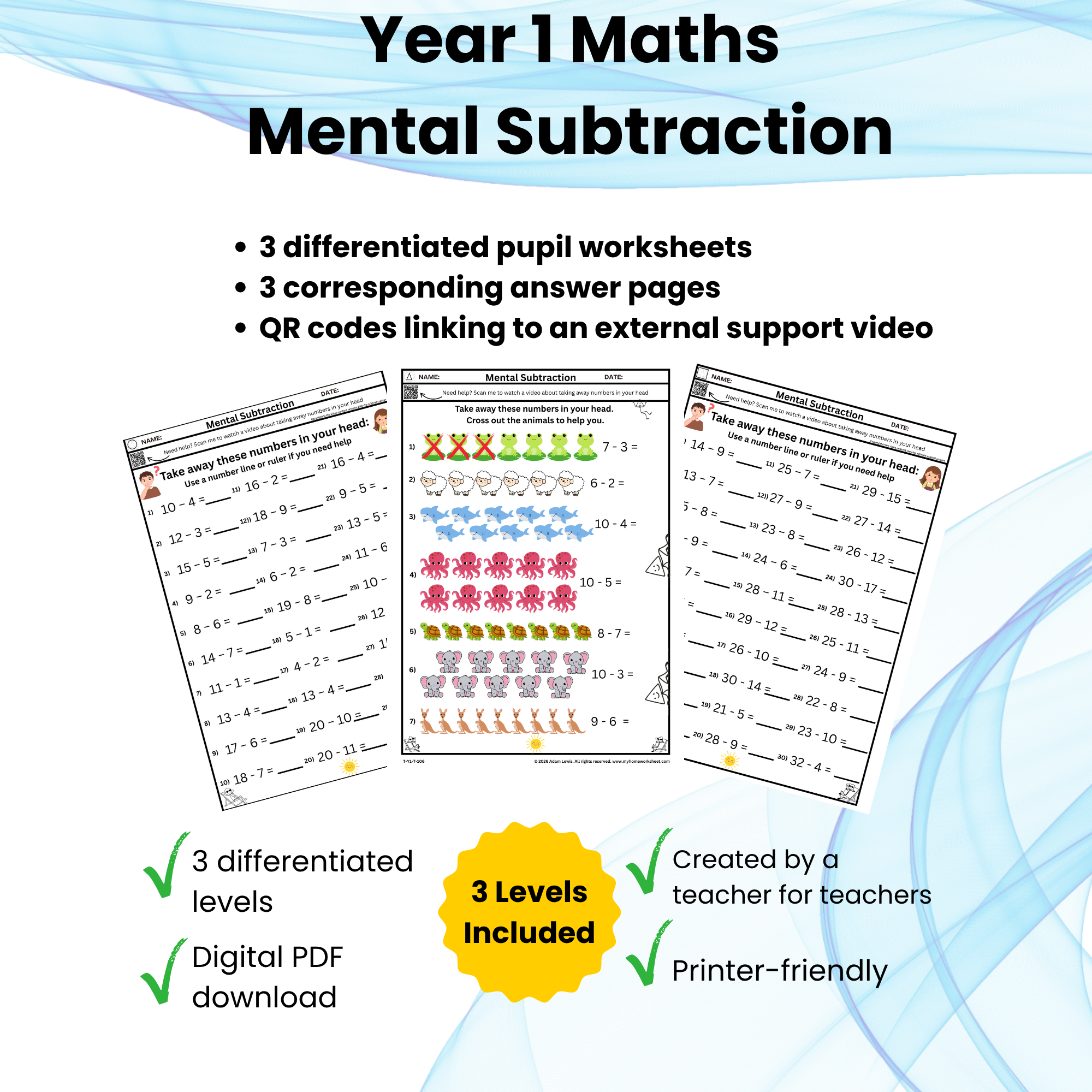 Year 1 Maths Mental Subtraction Worksheets (106-108)