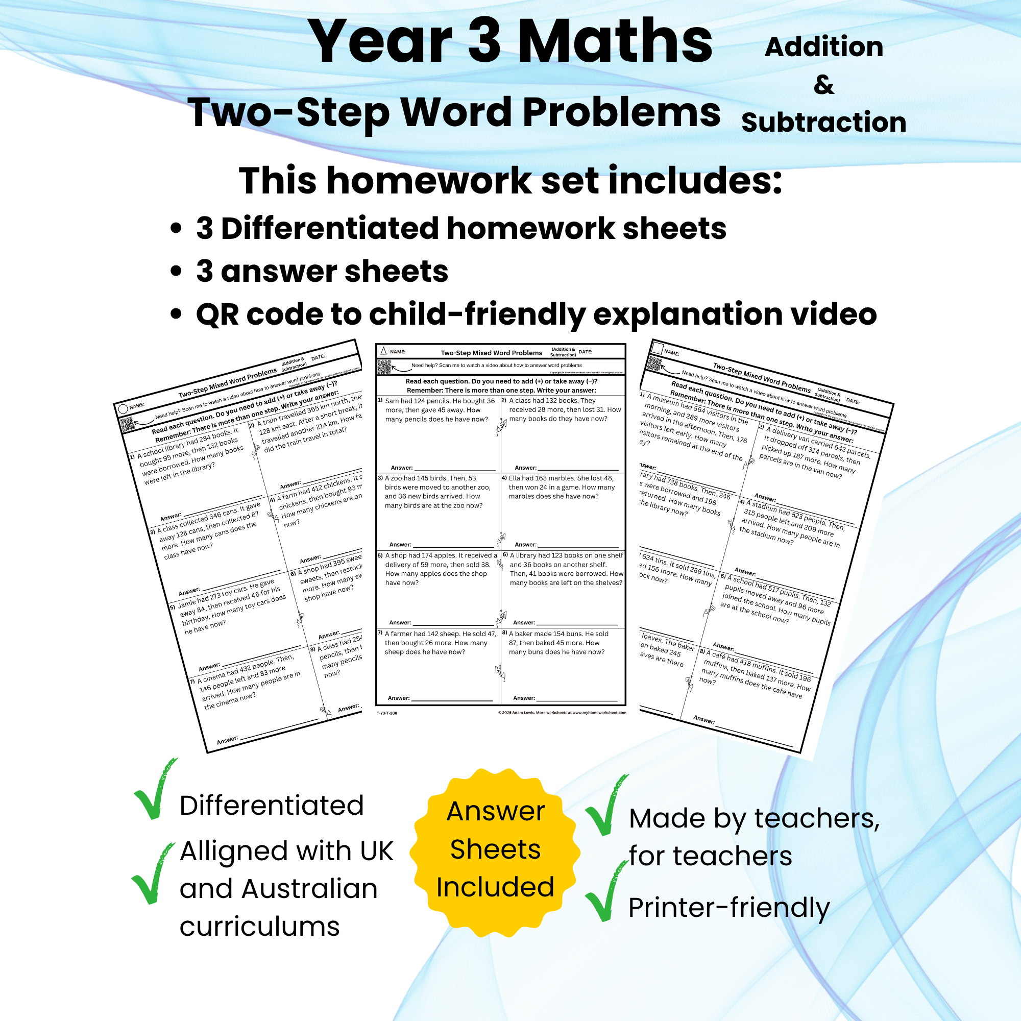 Year 3 Two-Step Addition & Subtraction Word Problems Worksheets (208-210)
