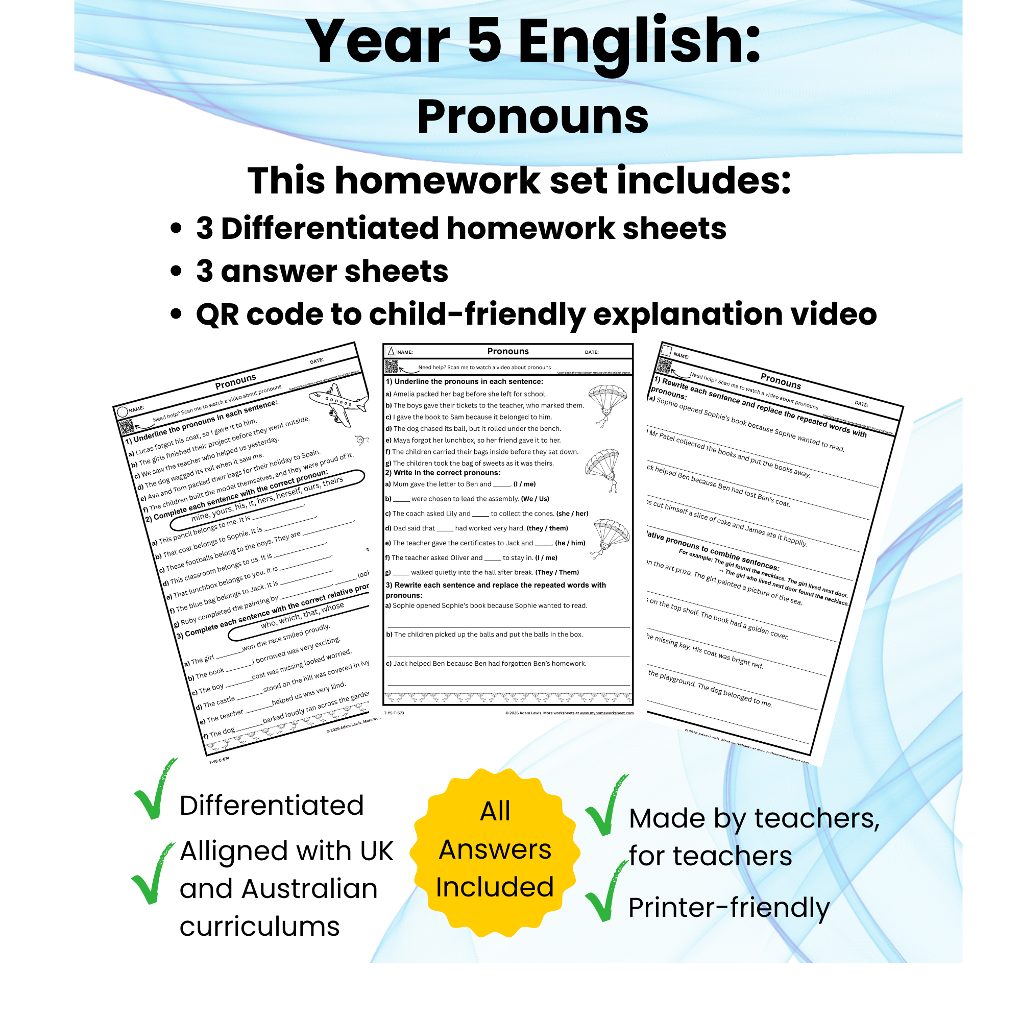 Year 5 Pronouns Worksheets (673-675)