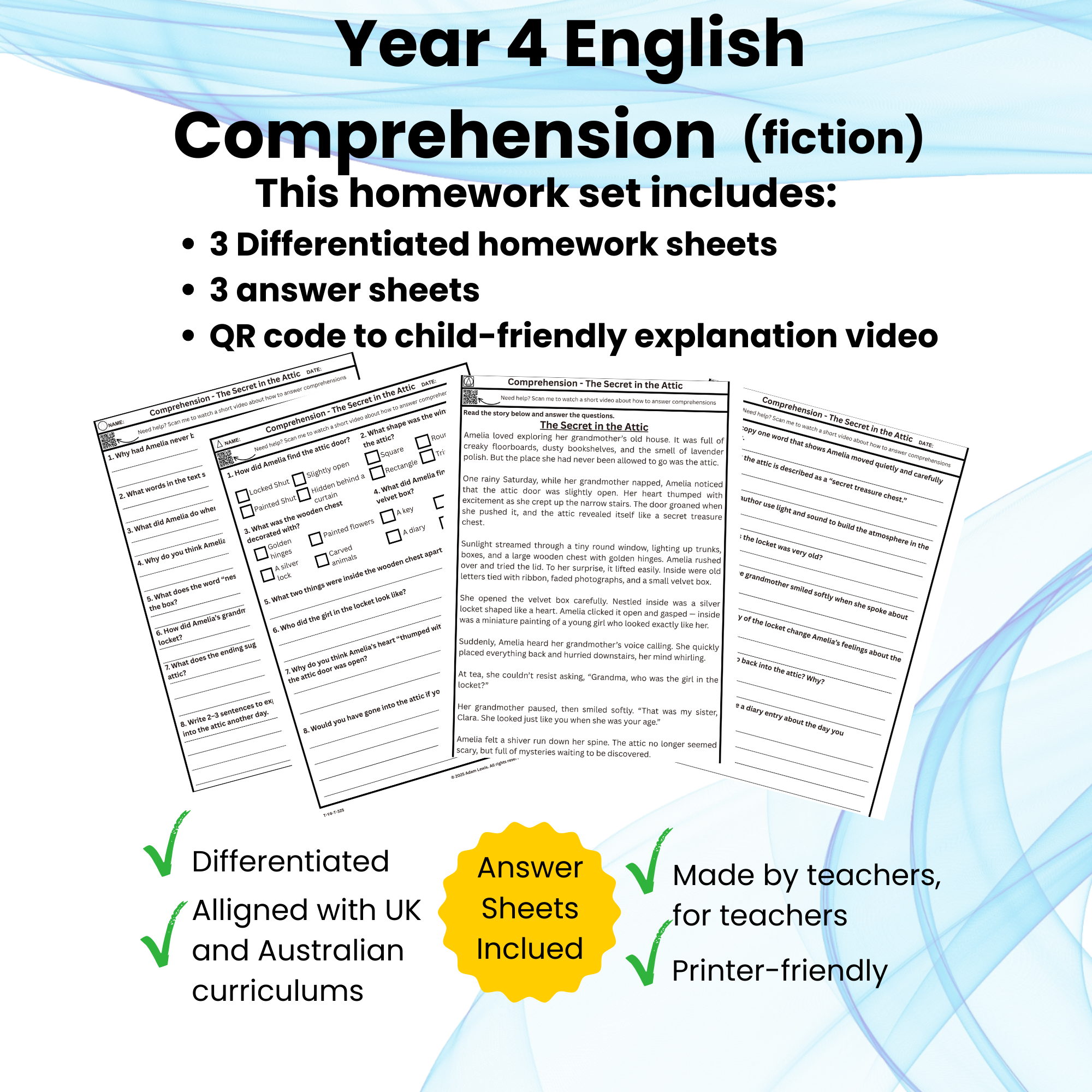 Year 4 Fiction Comprehension – The Secret in the Attic (Differentiated with Answers) Homework Set 325-327