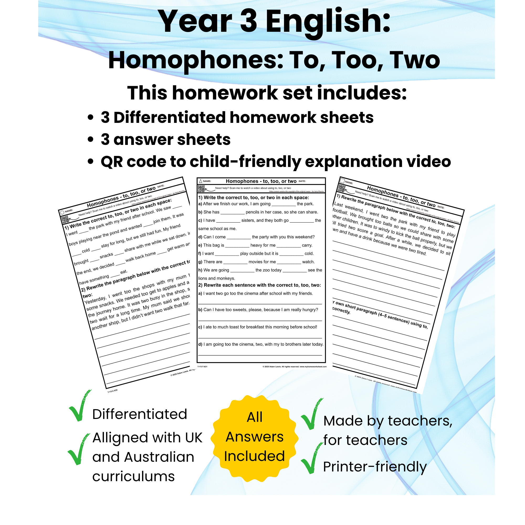 Year 3 Homophones To Too Two Worksheets (631-633)