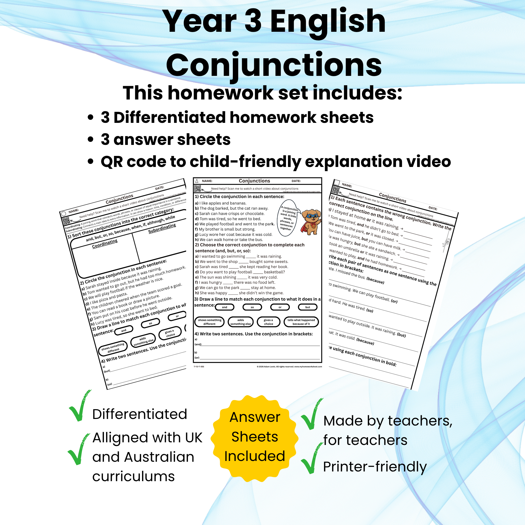 Year 3 Conjunctions Worksheets (355-357)