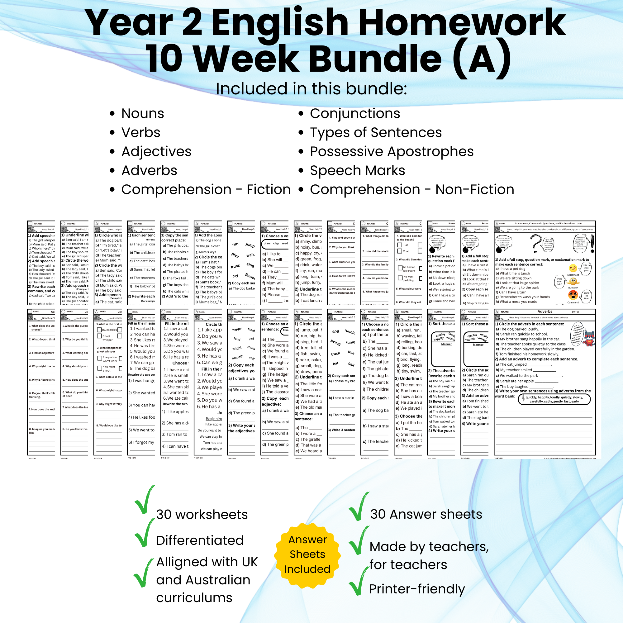 Year 2 English Homework – 10 Week Bundle (A)