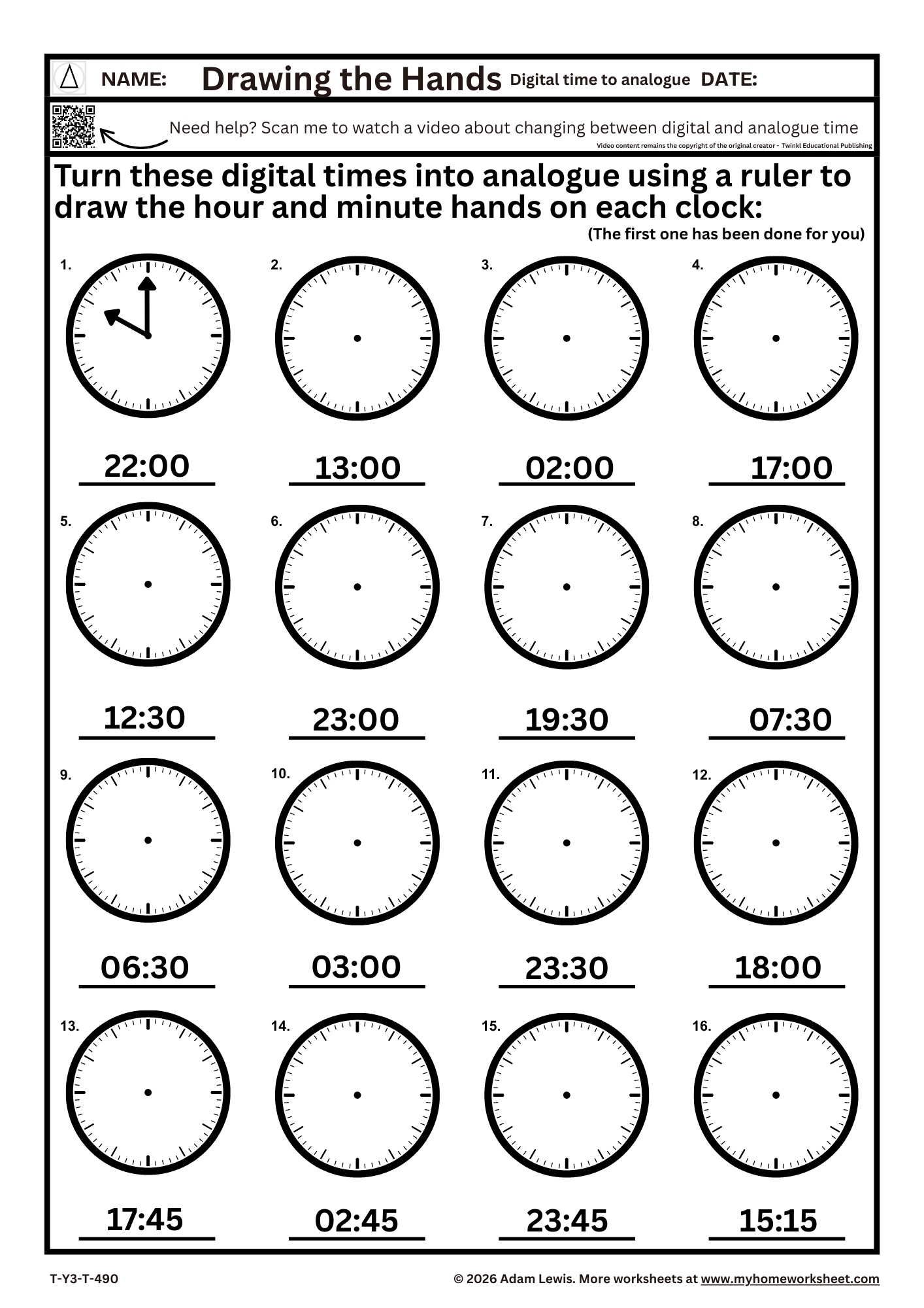 Year 3 Digital to Analogue Time Worksheets – Drawing Clock Hands (Differentiated) 490-492