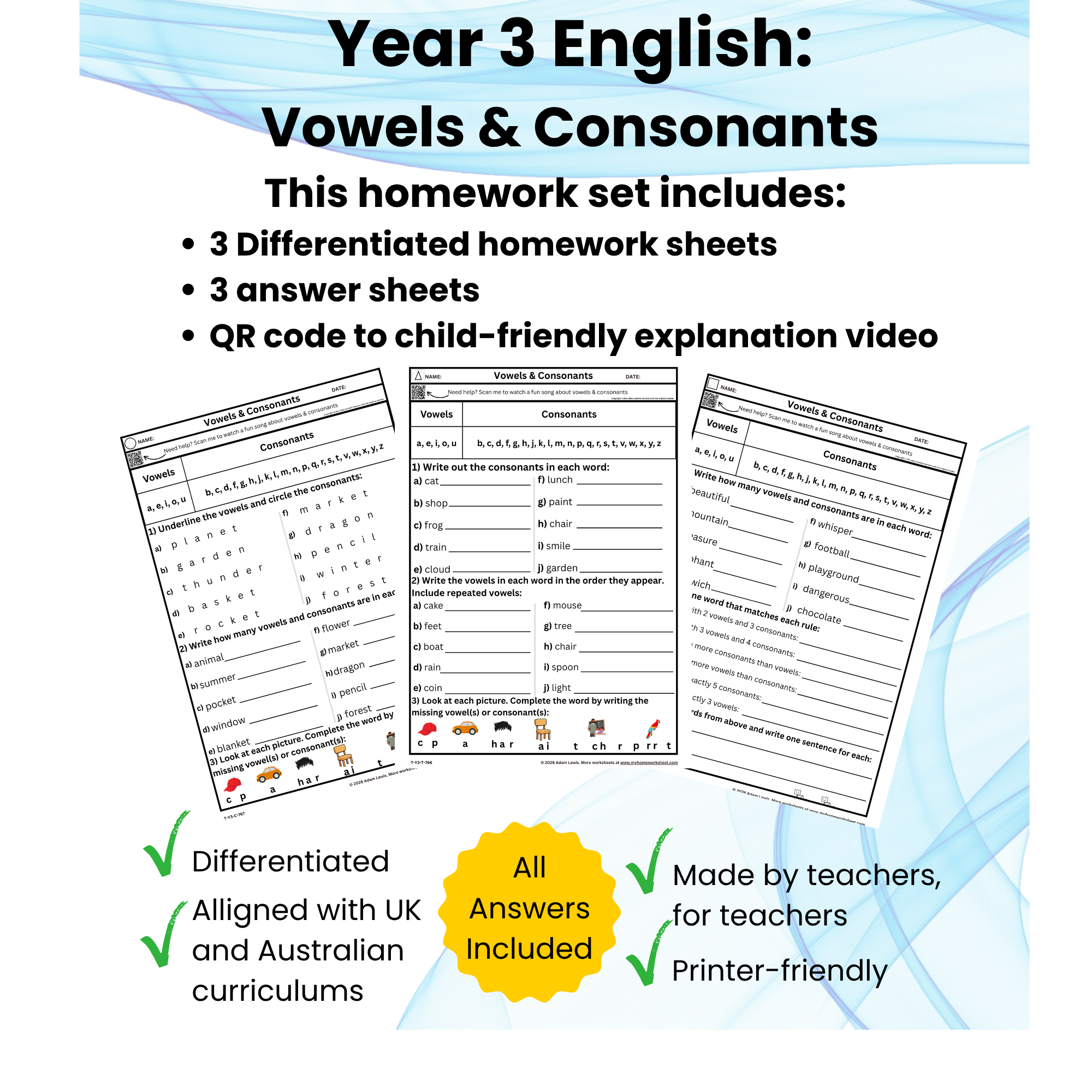Year 3 Vowels and Consonants Worksheets (766-768