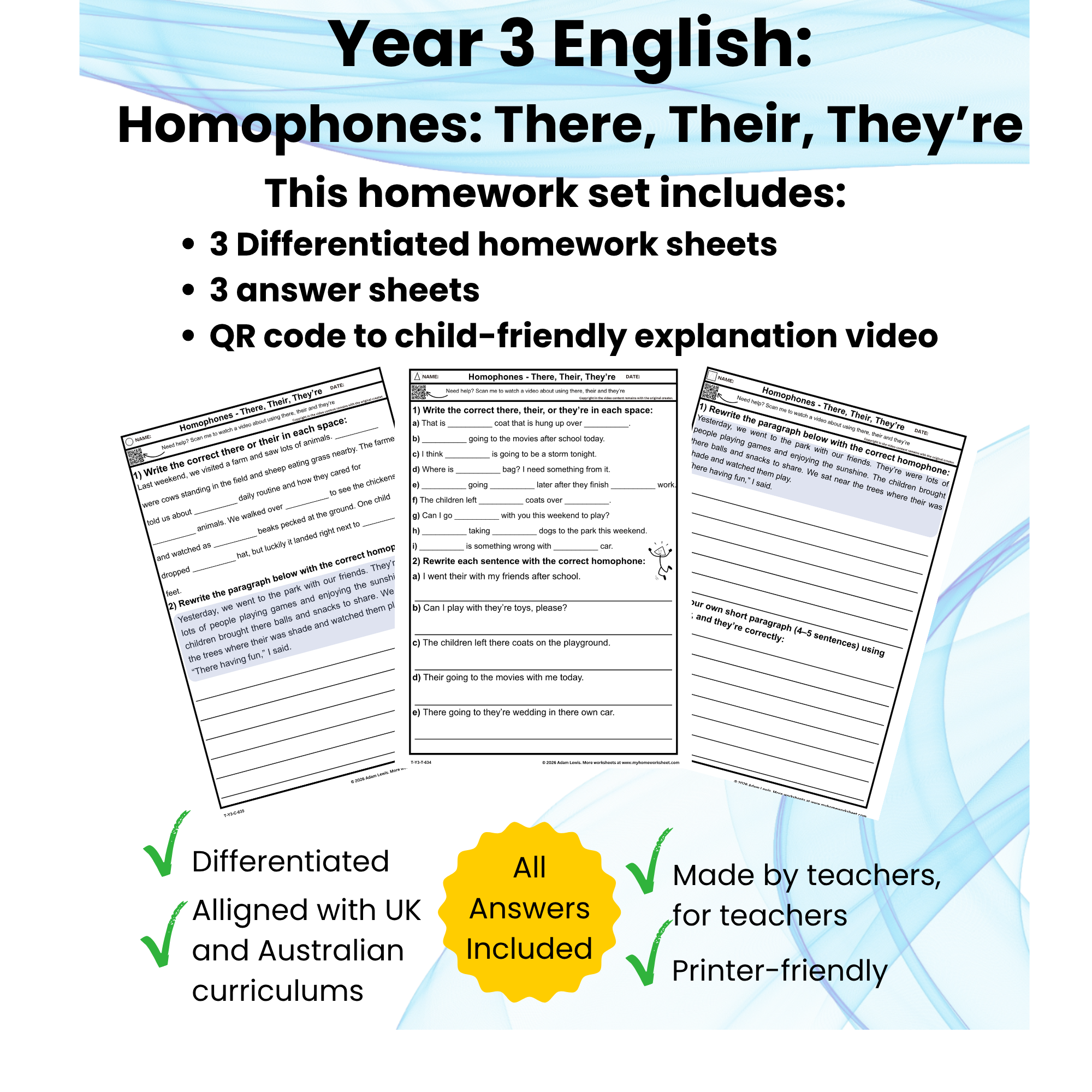Year 3 There Their They’re Worksheets (634-636)