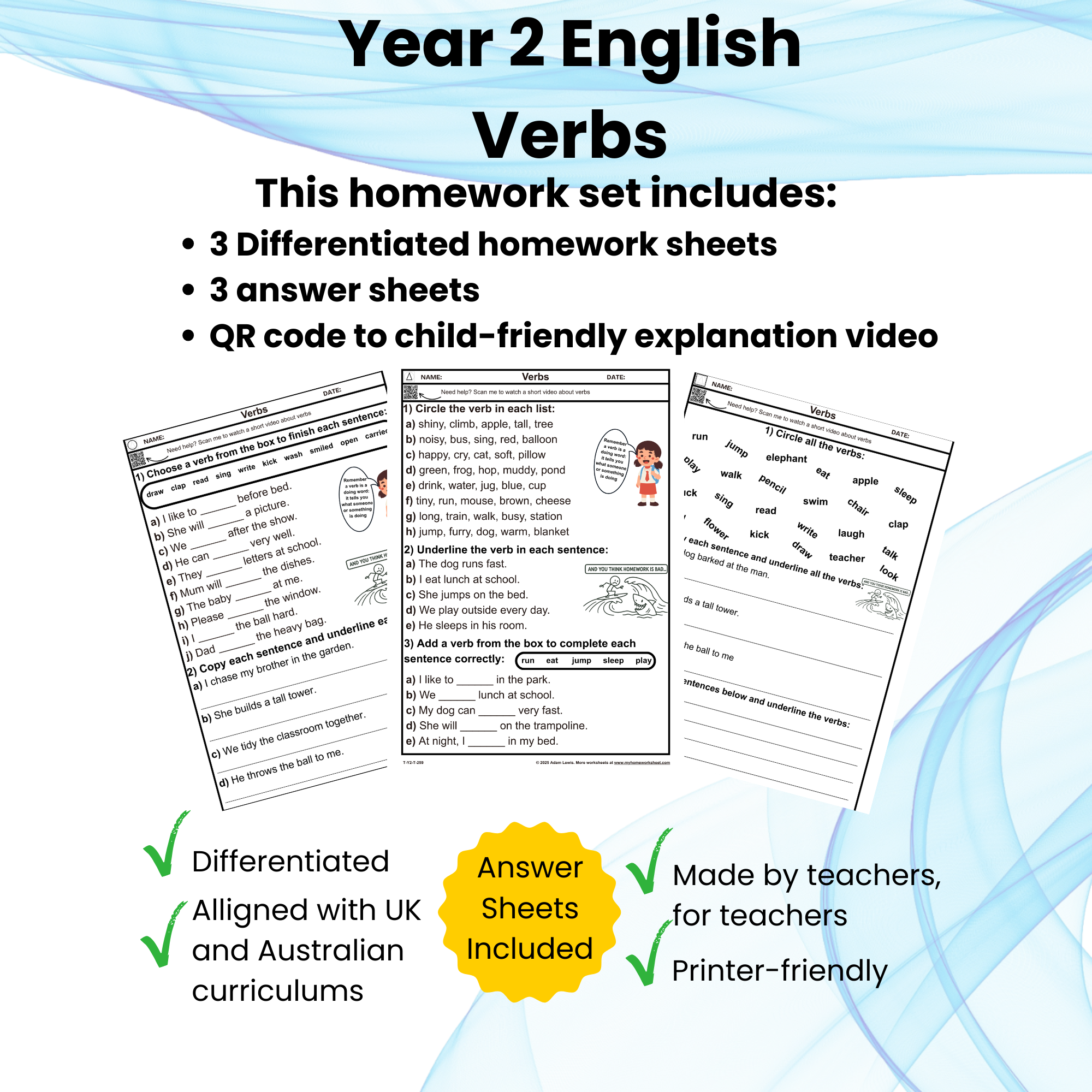 Year 2 Verbs Worksheet Set (3 pages + 3 answer sheets) 259-261
