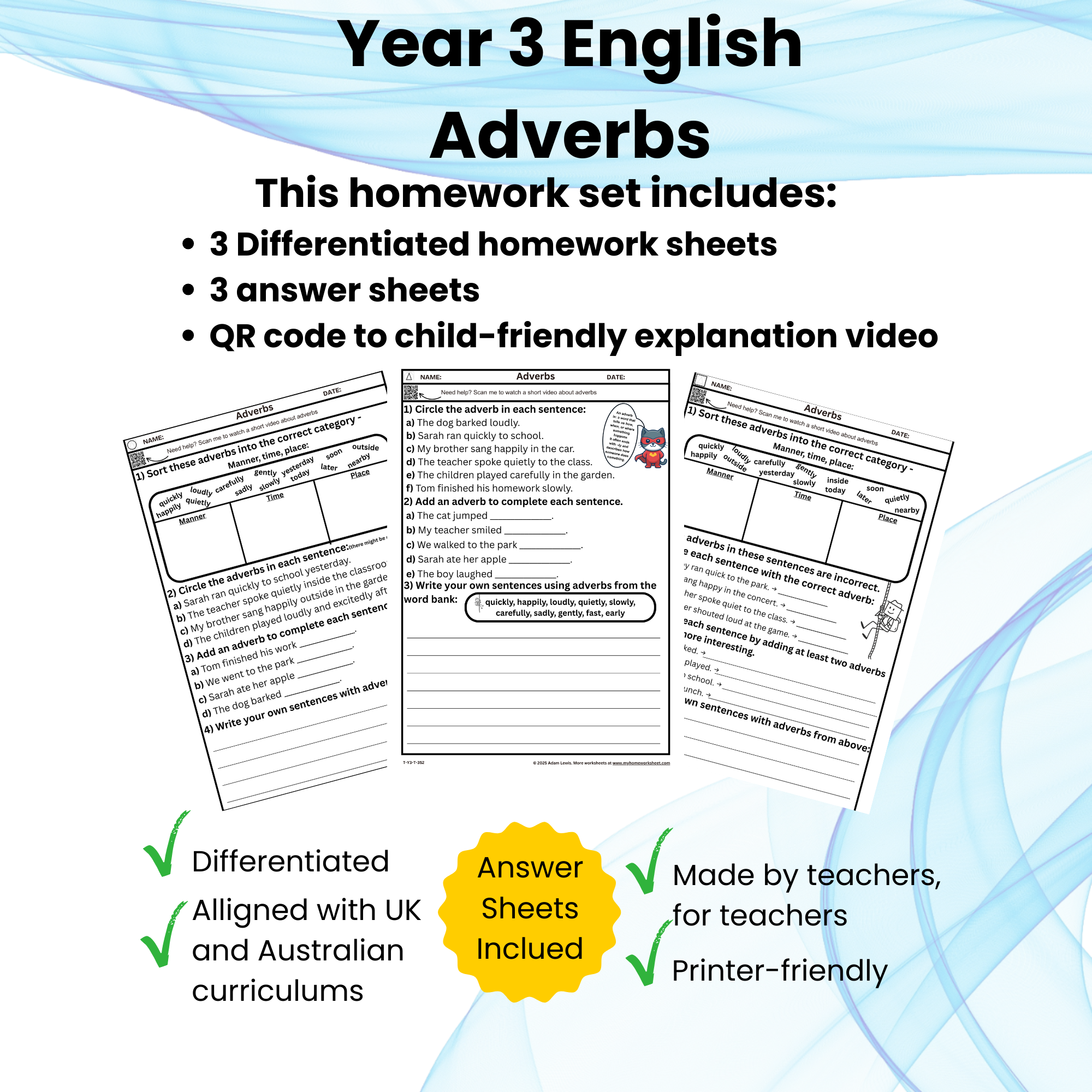 Year 3 Adverbs Worksheets – Differentiated Homework with Answers 352-354