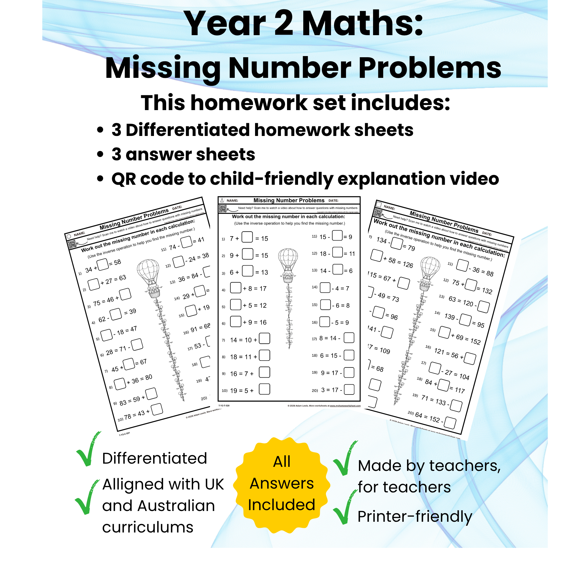 Year 2 Missing Number Problems Worksheets (520-522)