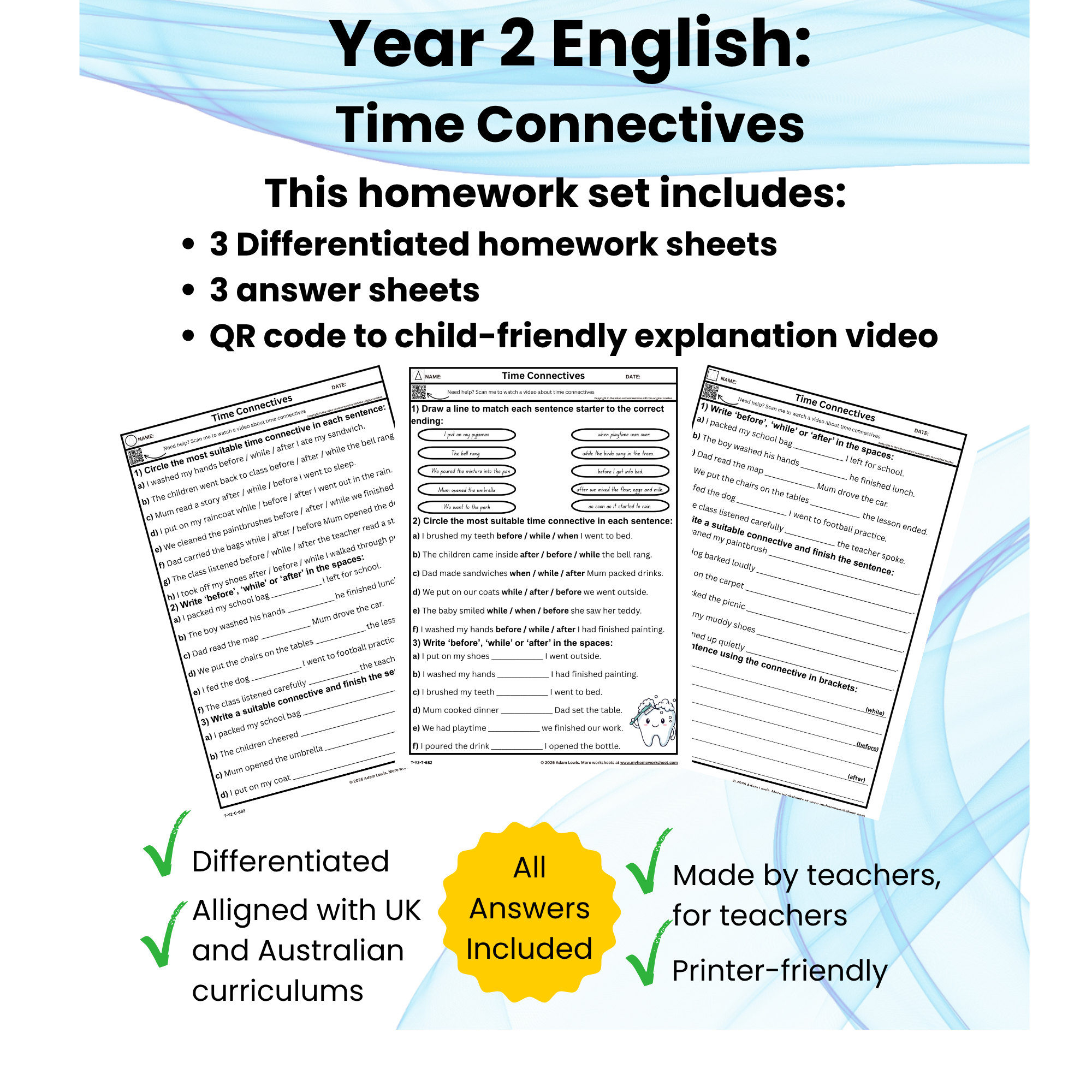Year 2 Time Connectives Worksheets (682-684)
