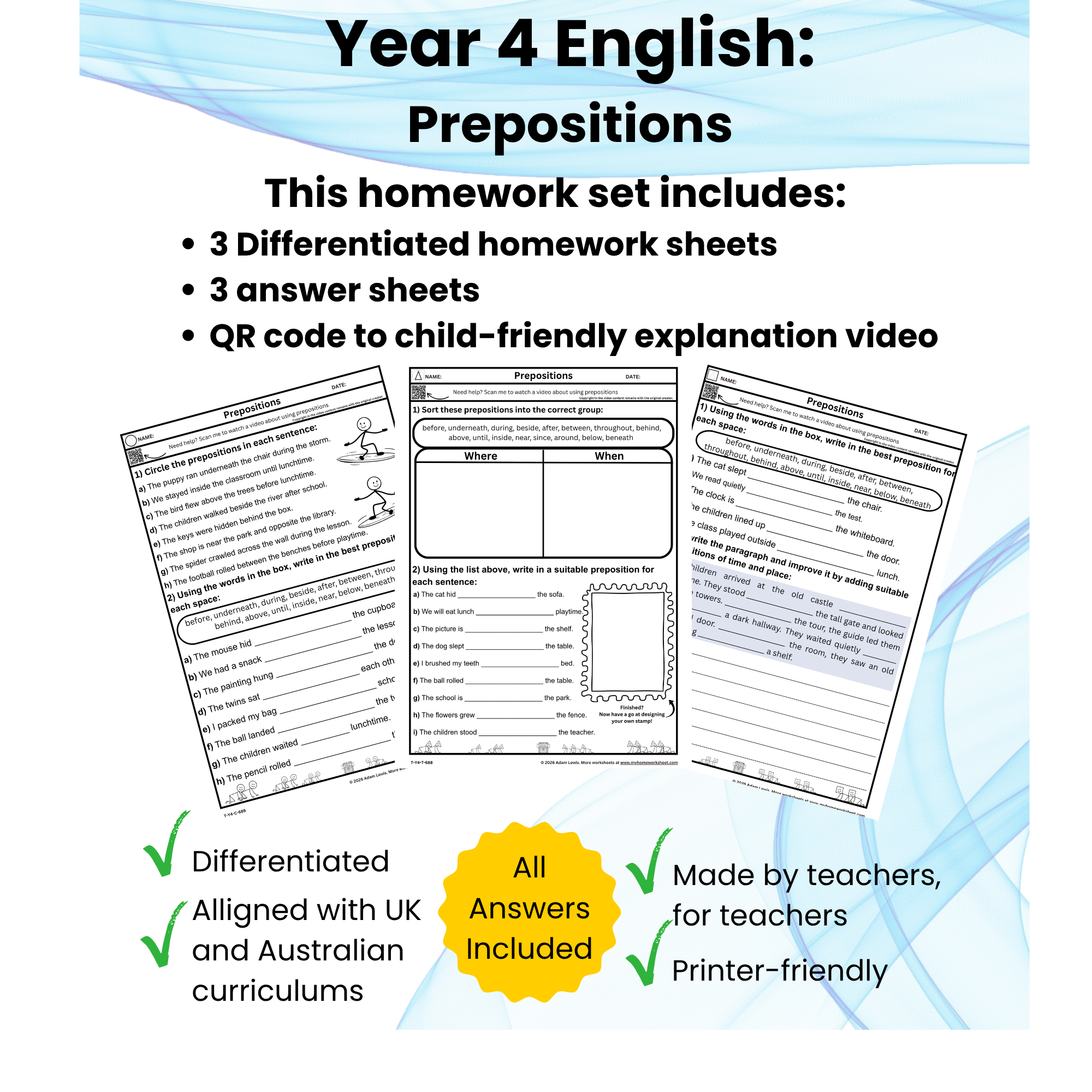 Year 4 Prepositions Worksheets (688-690)