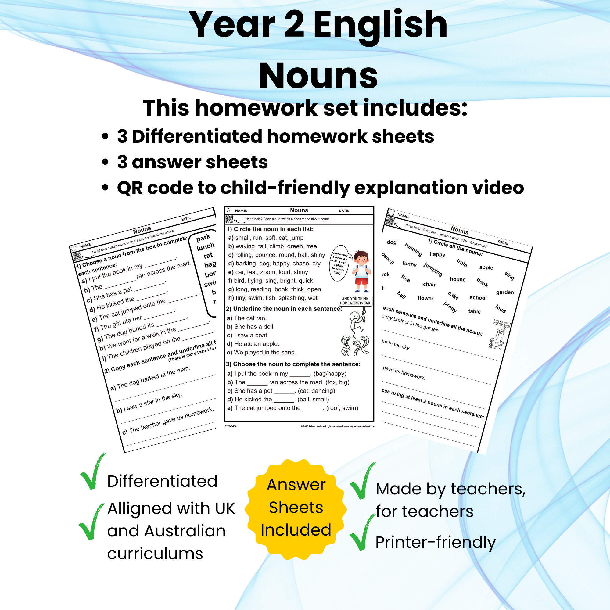 Year 2 Nouns Worksheet Set (3 pages + 3 answer sheets) 256-258